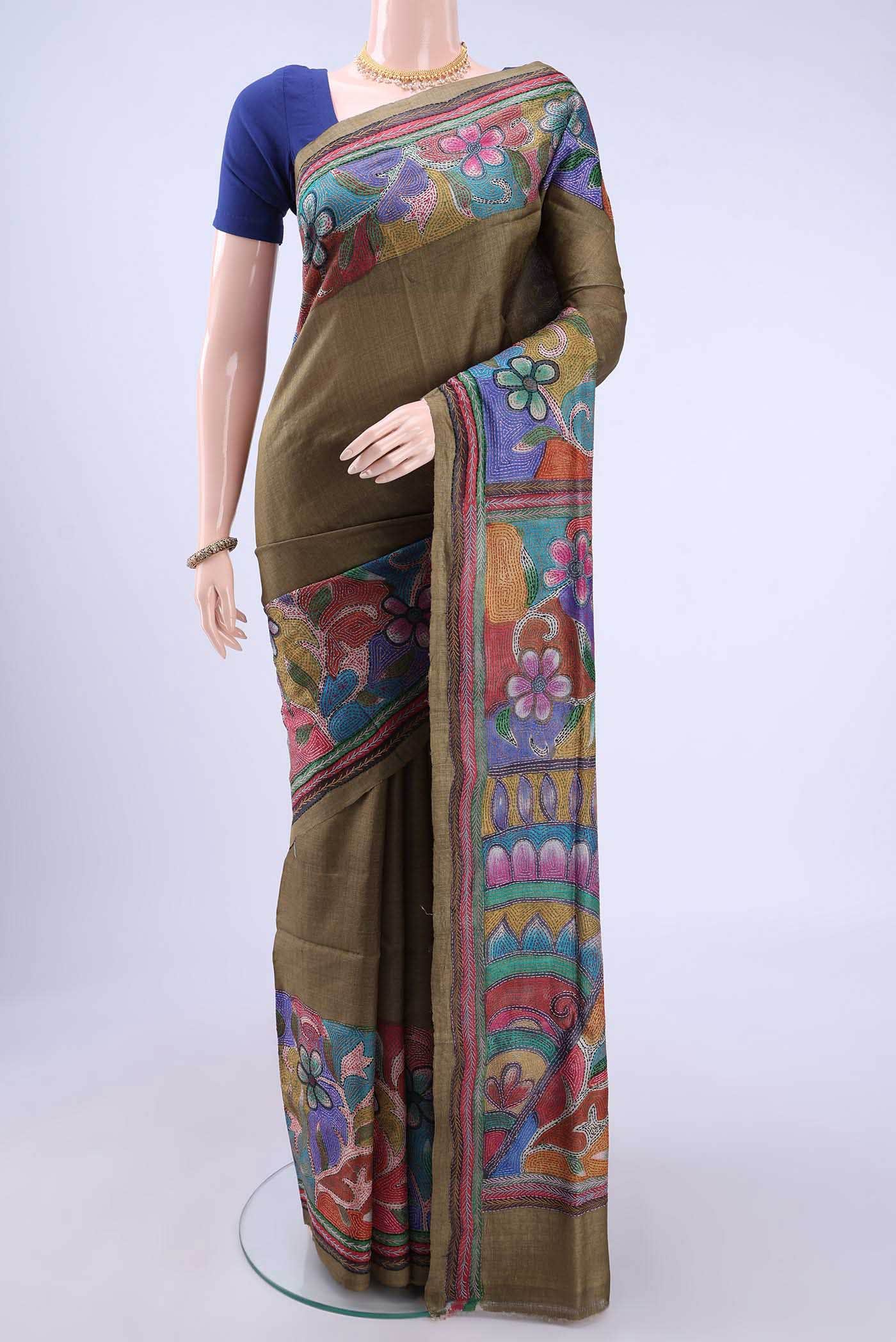 Mehandi Green Kantha Silk Saree