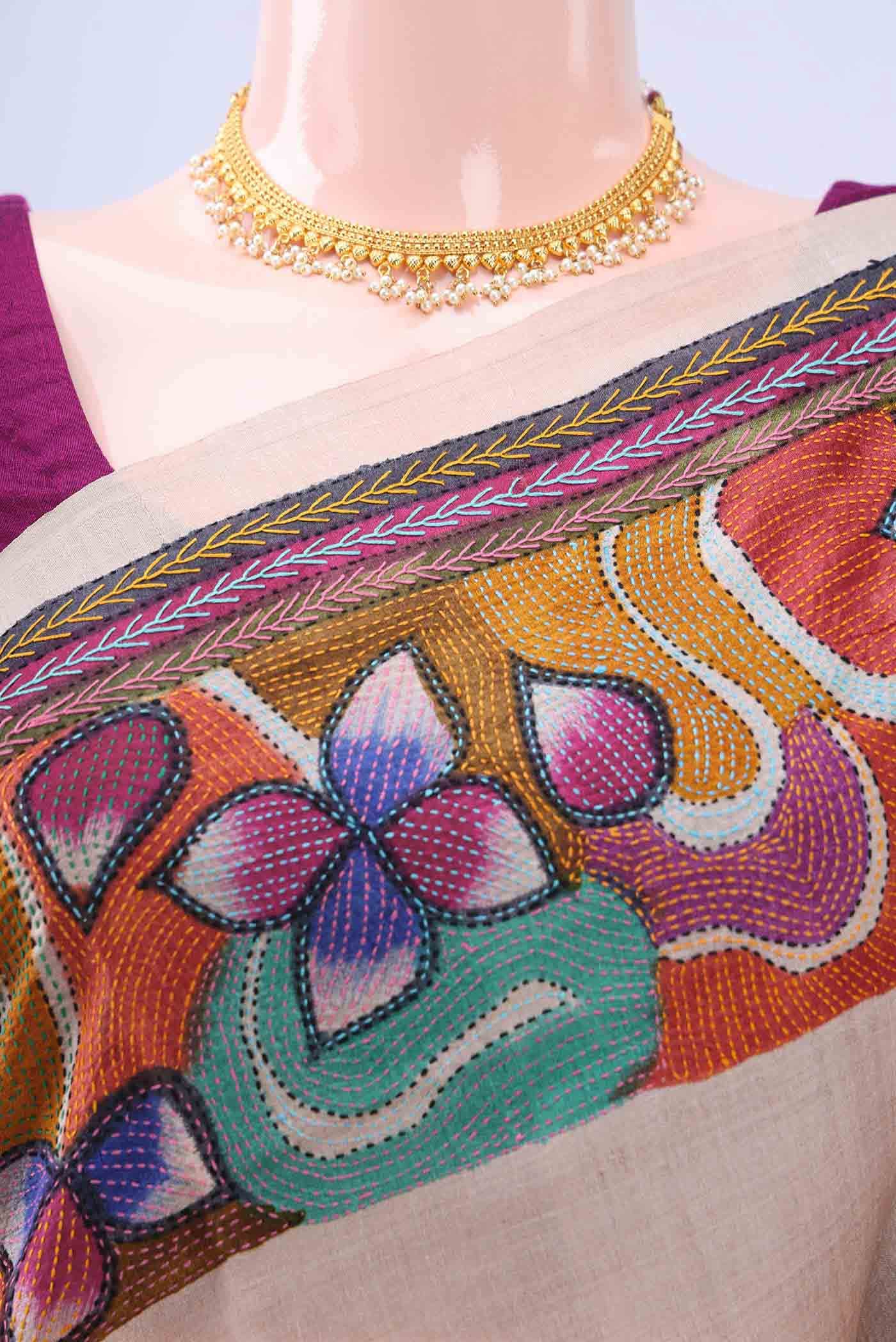 Beige Kantha Silk Saree