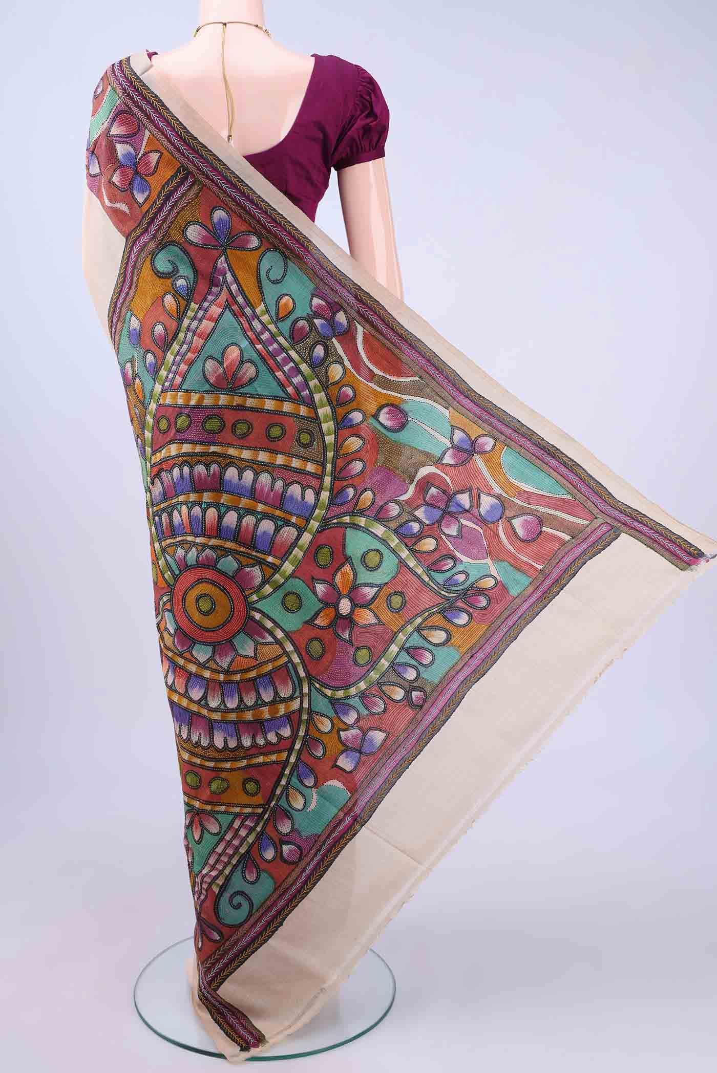 Beige Kantha Silk Saree
