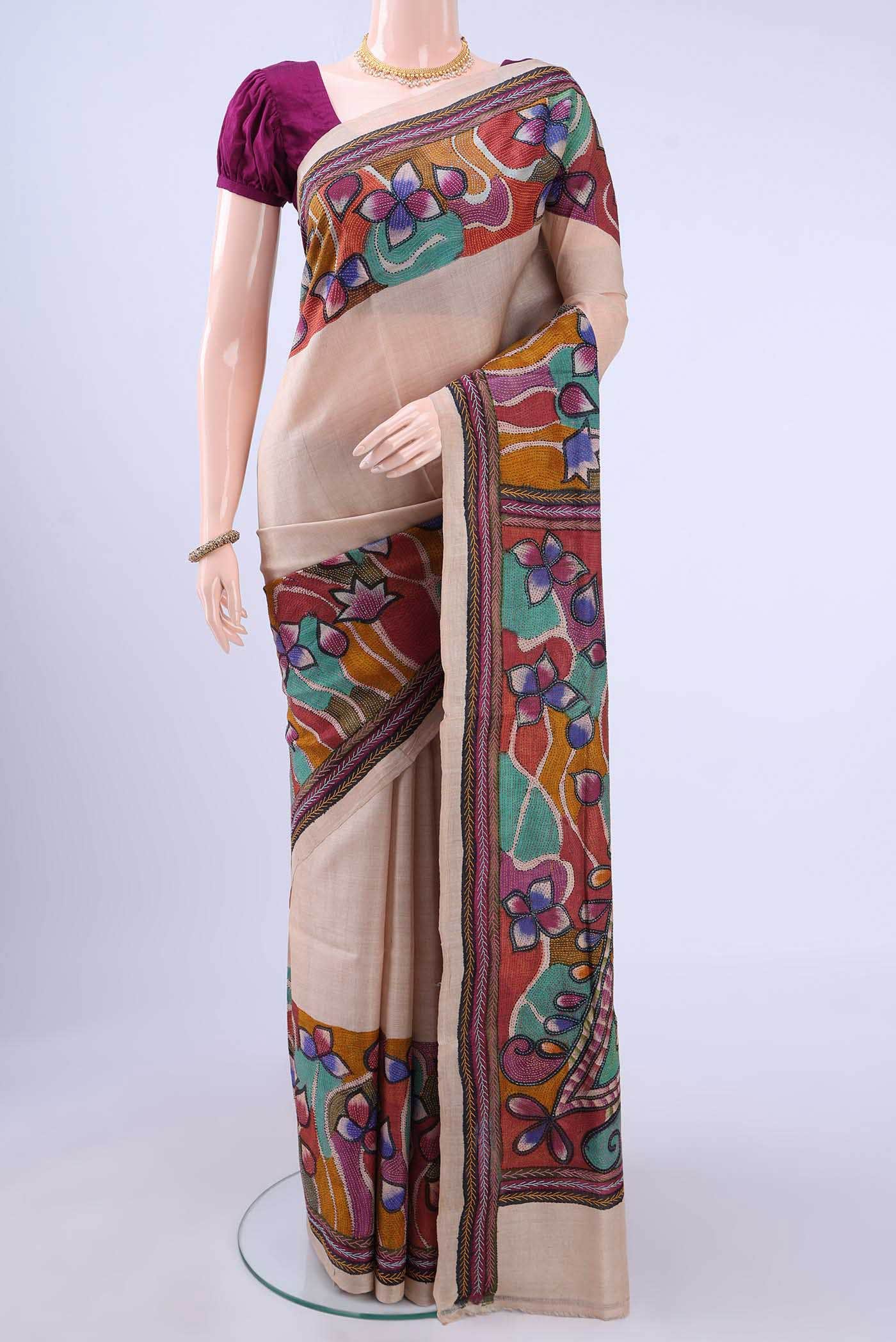 Beige Kantha Silk Saree