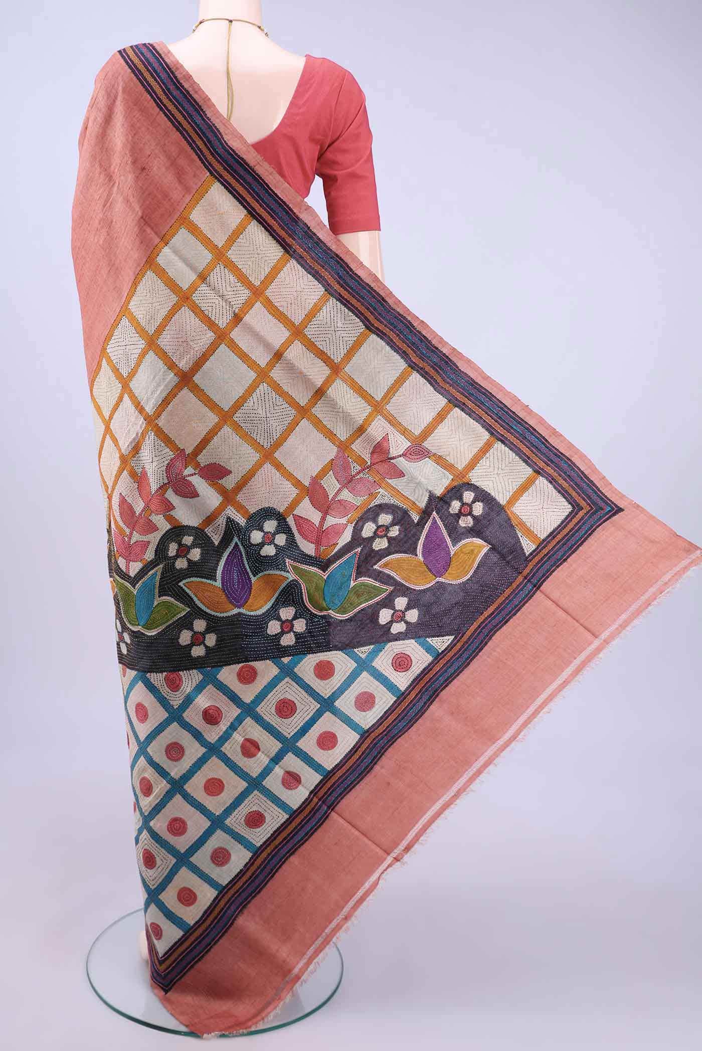Peach Kantha Silk Saree