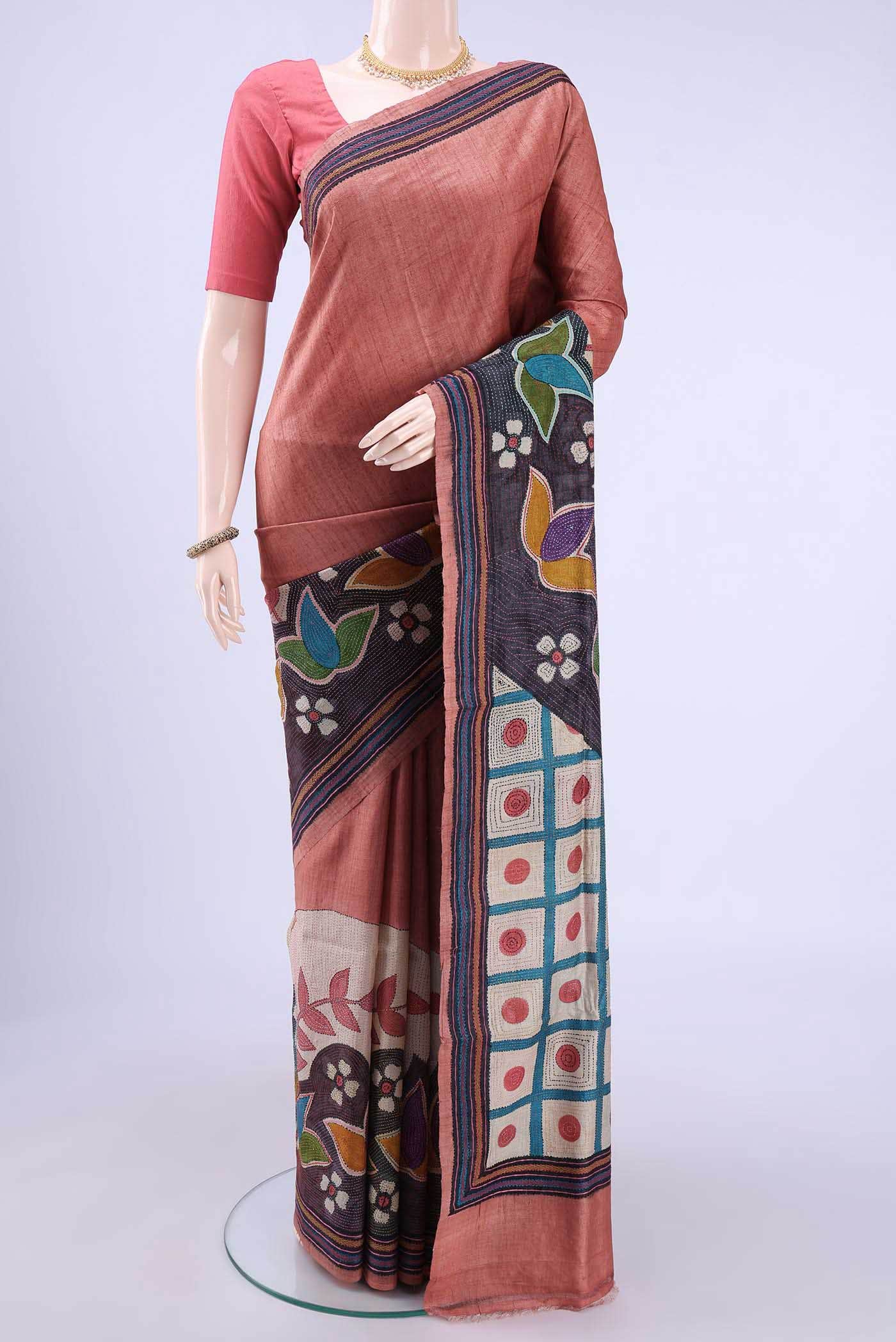 Peach Kantha Silk Saree