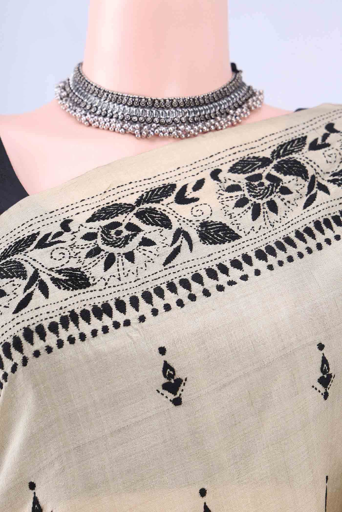 Beige Kantha Silk Saree