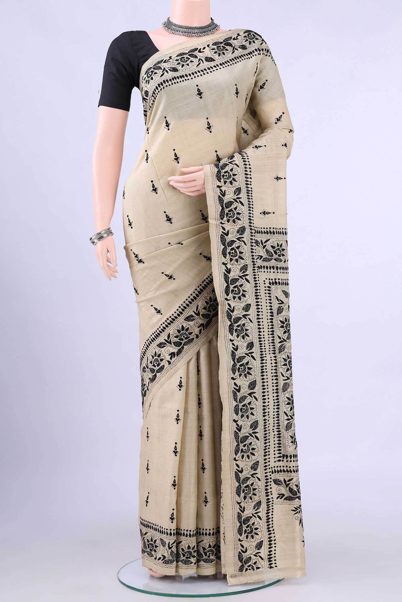 Beige Kantha Silk Saree