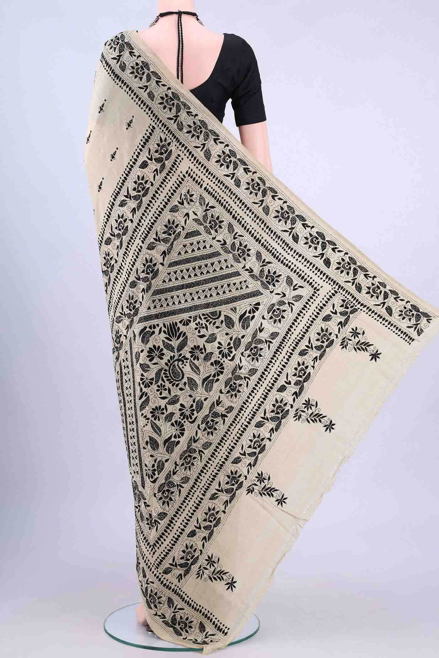 Beige Kantha Silk Saree
