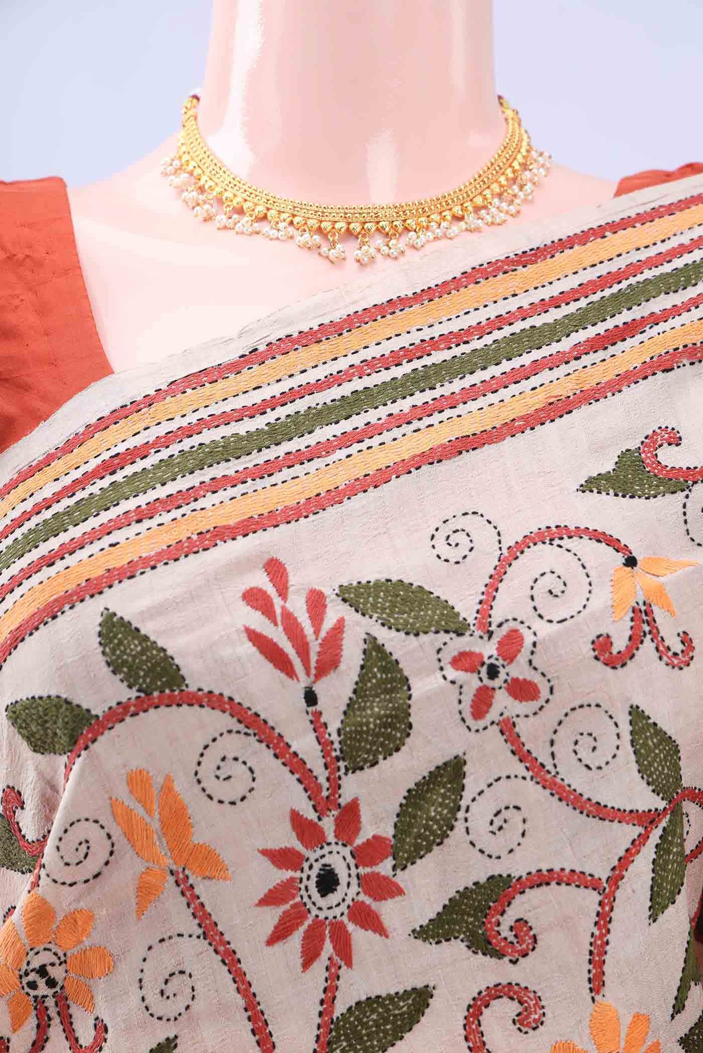 Beige Kantha Silk Saree