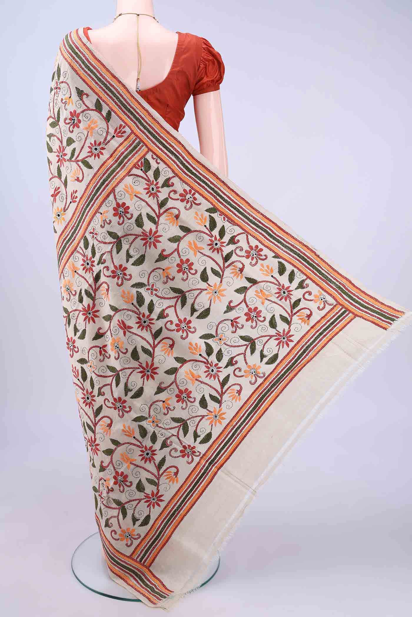 Beige Kantha Silk Saree