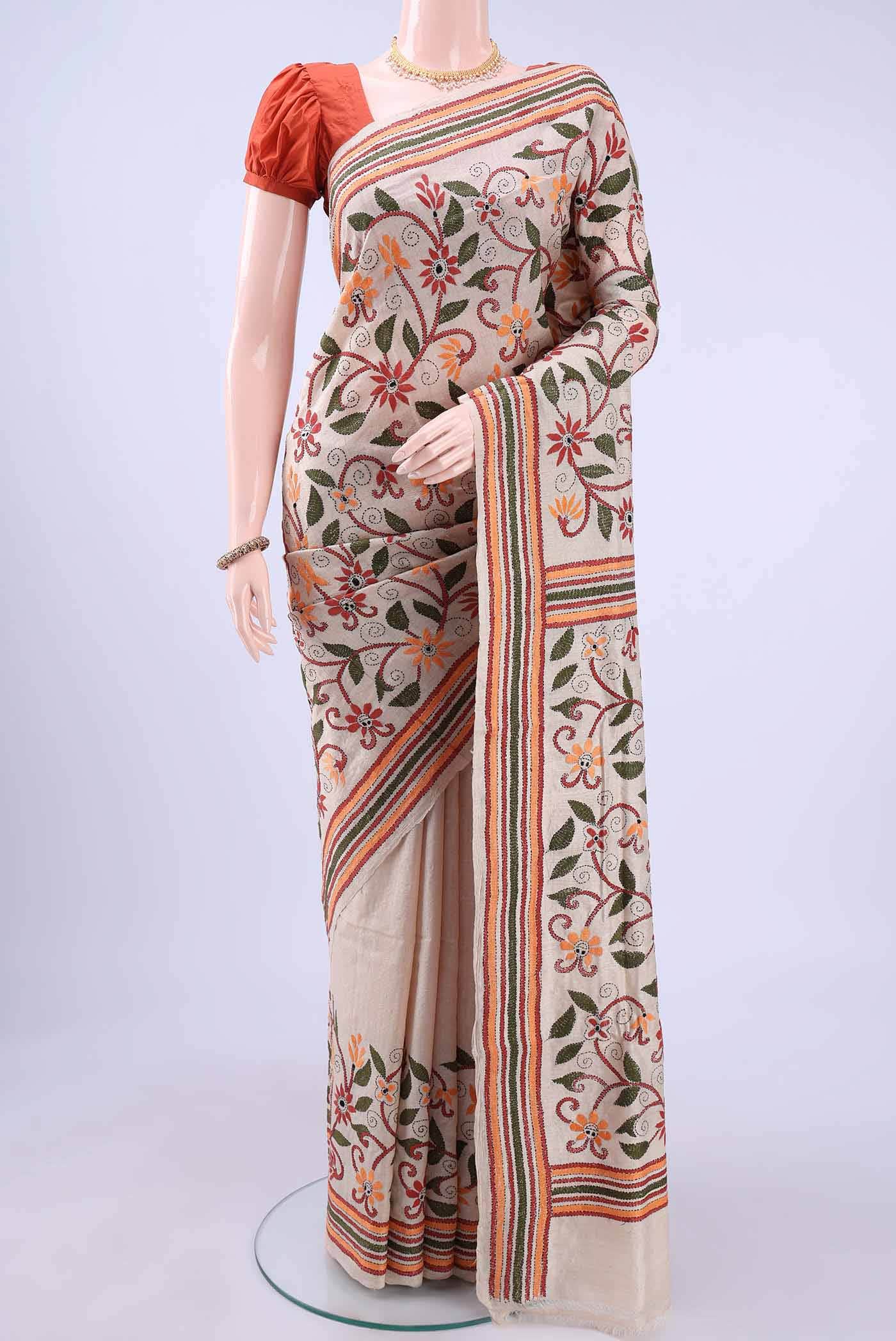 Beige Kantha Silk Saree