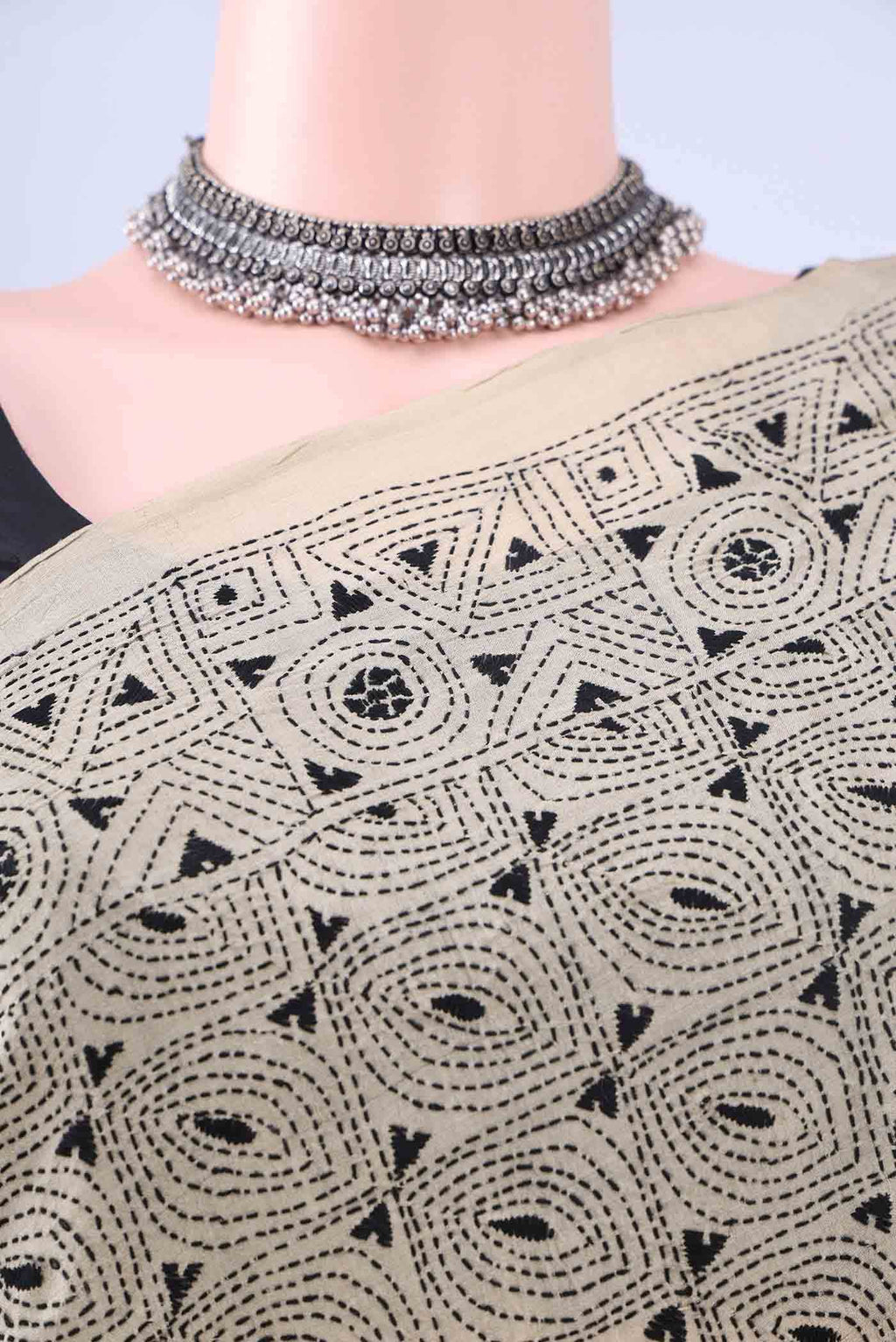Beige Kantha Silk Saree