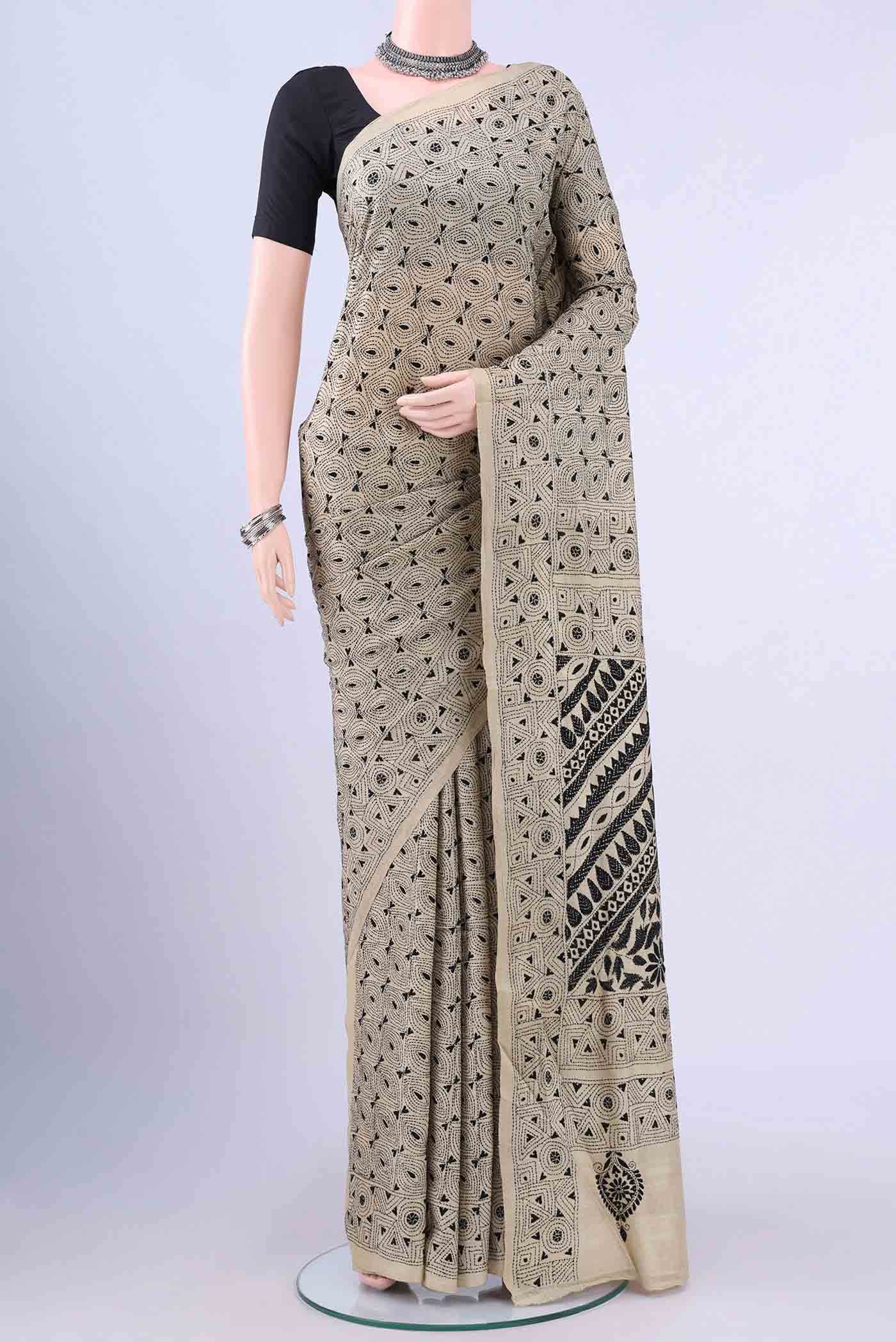 Beige Kantha Silk Saree