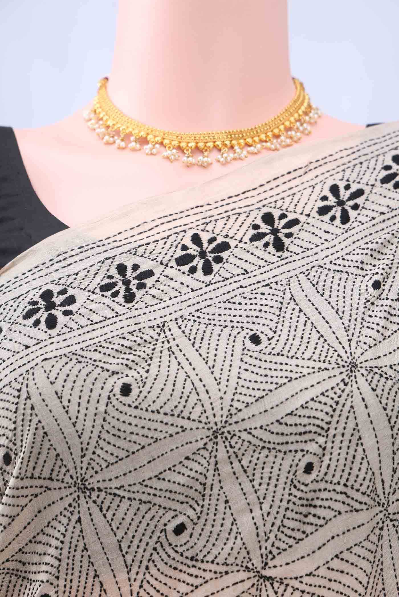 Beige Kantha Silk Saree