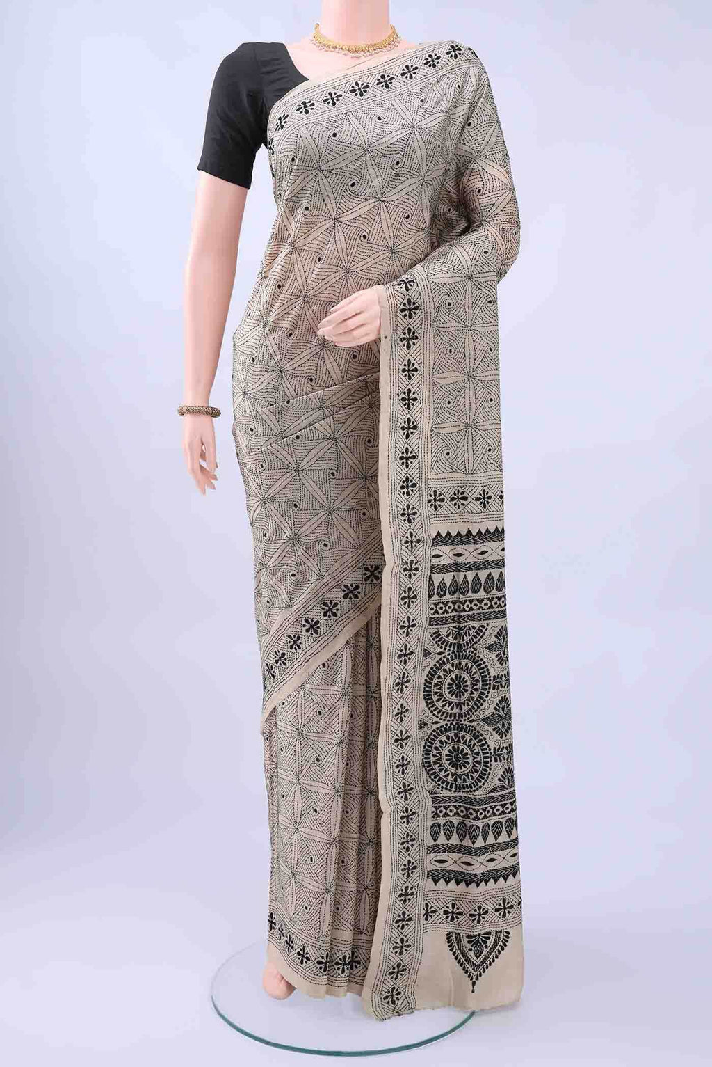 Beige Kantha Silk Saree