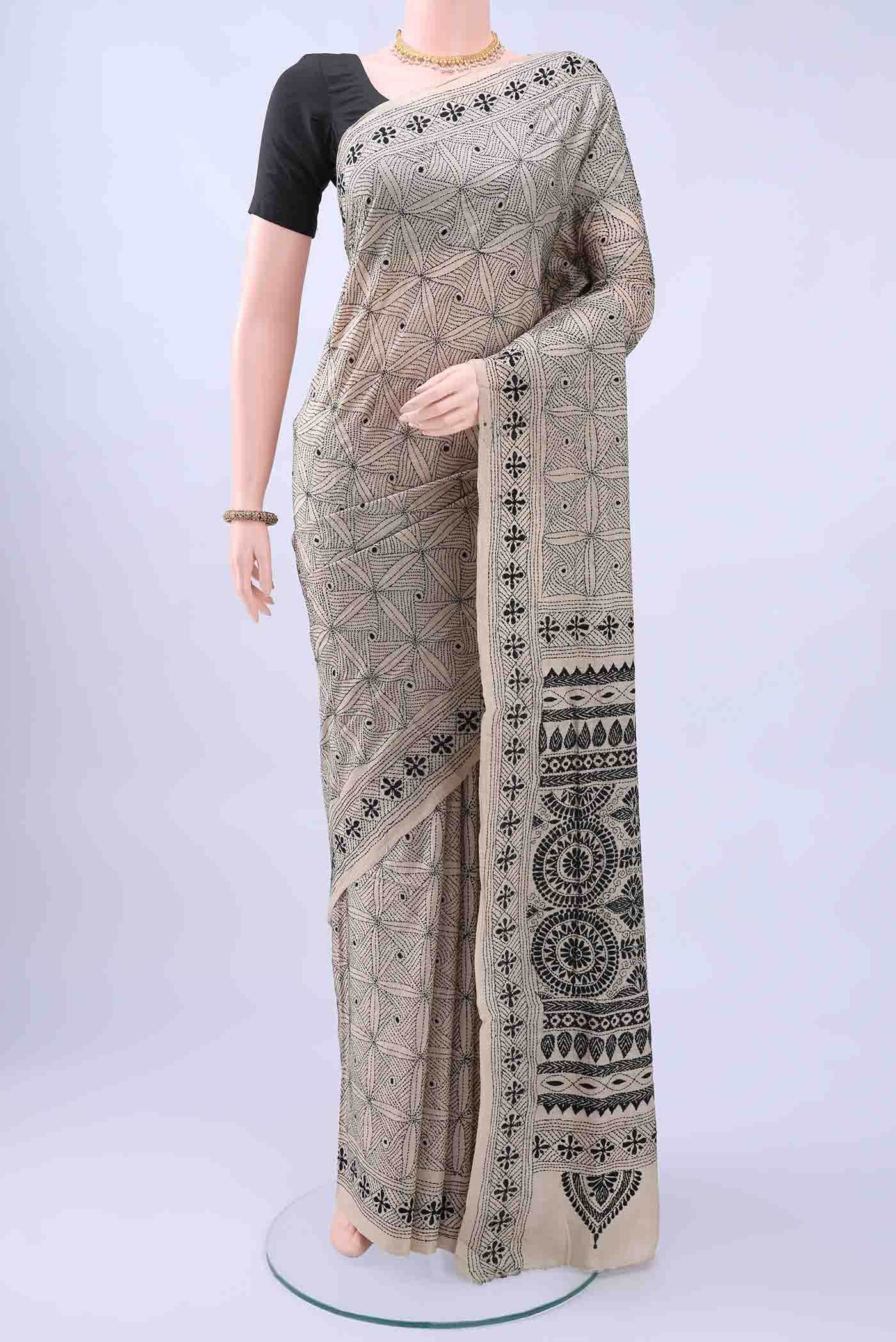 Beige Kantha Silk Saree
