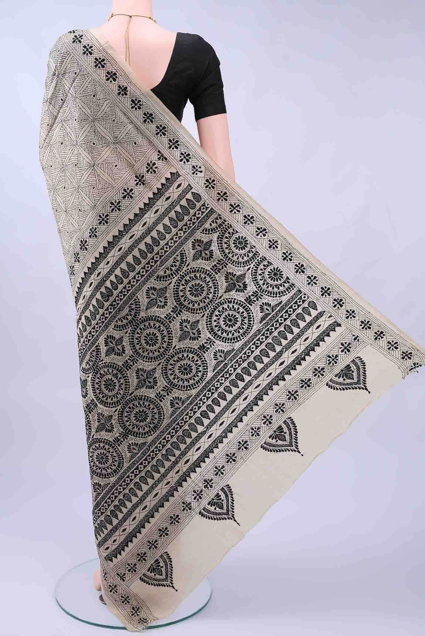 Beige Kantha Silk Saree