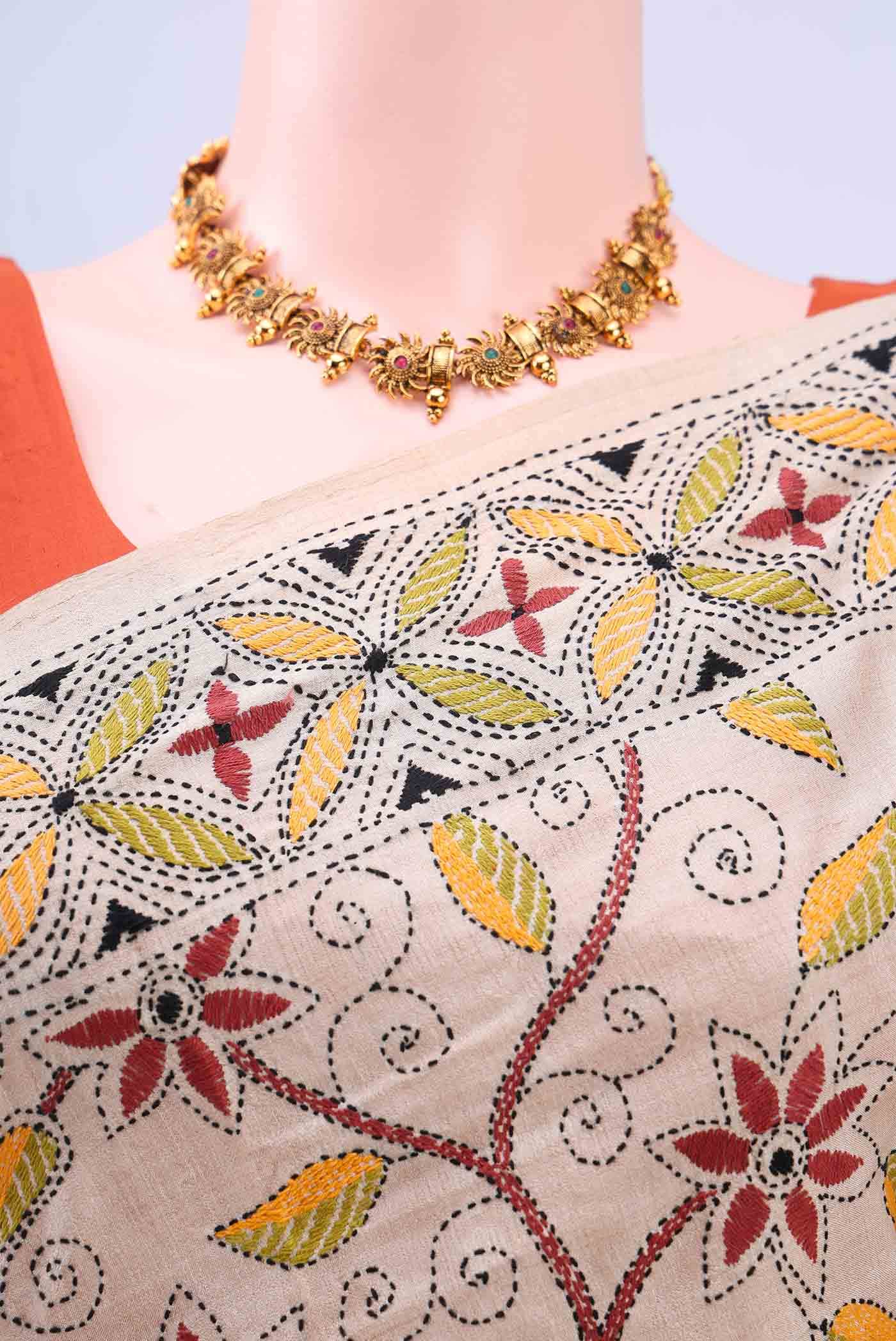 Beige Kantha Silk Saree