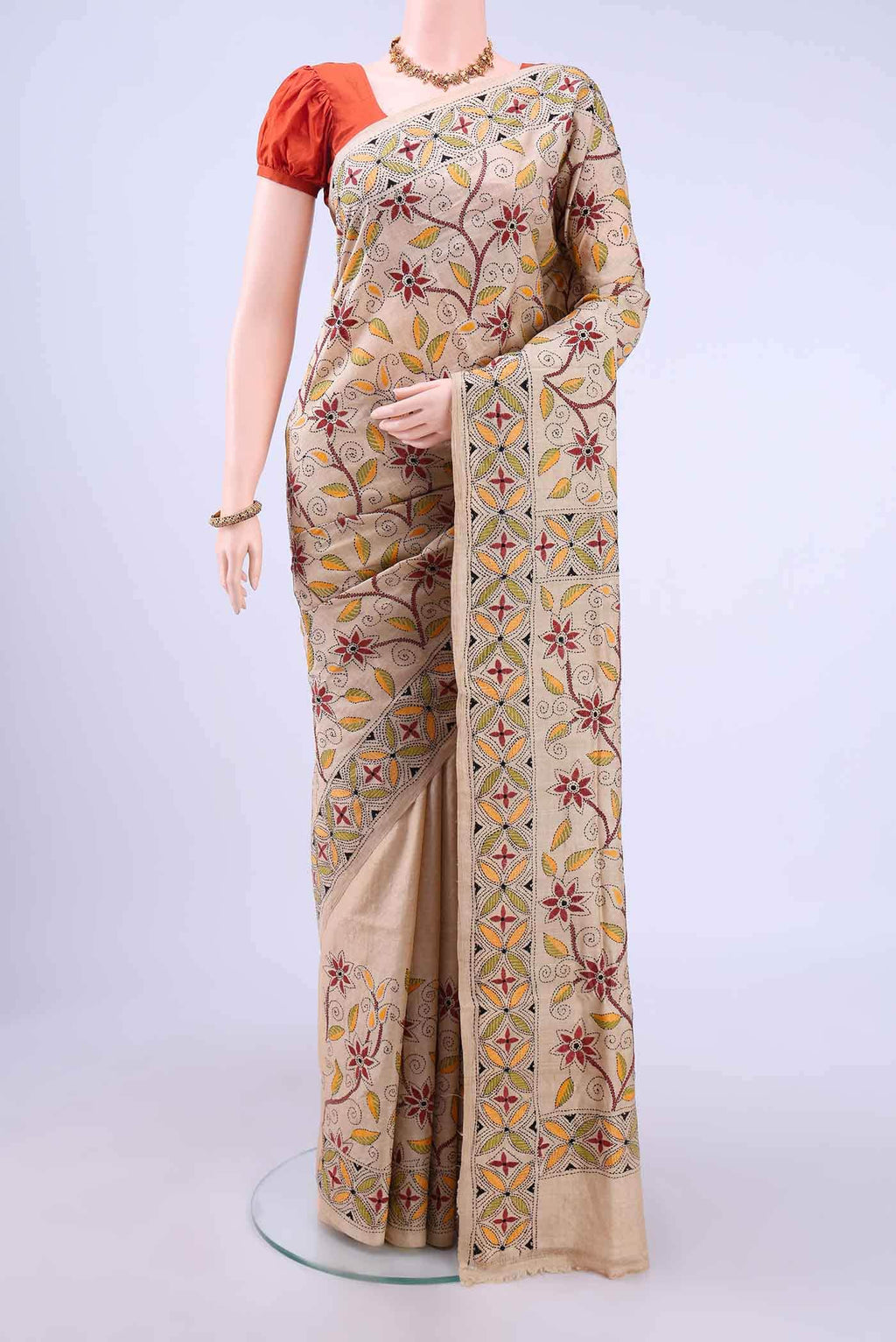 Beige Kantha Silk Saree