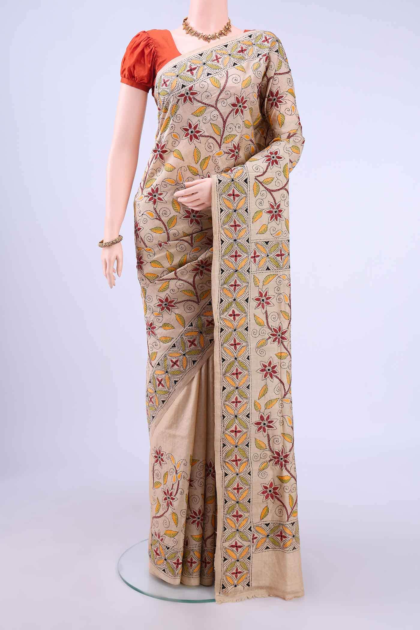 Beige Kantha Silk Saree