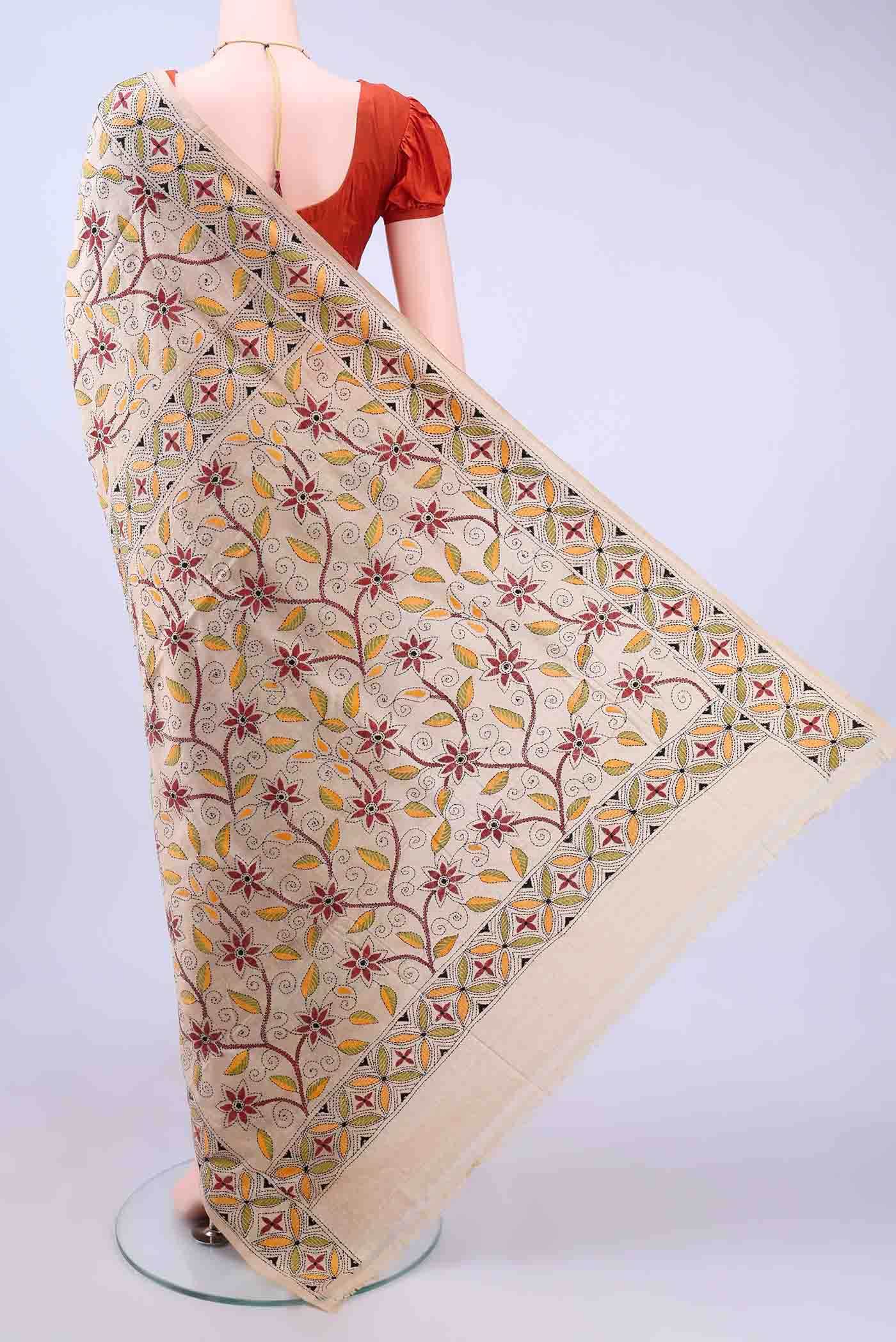 Beige Kantha Silk Saree