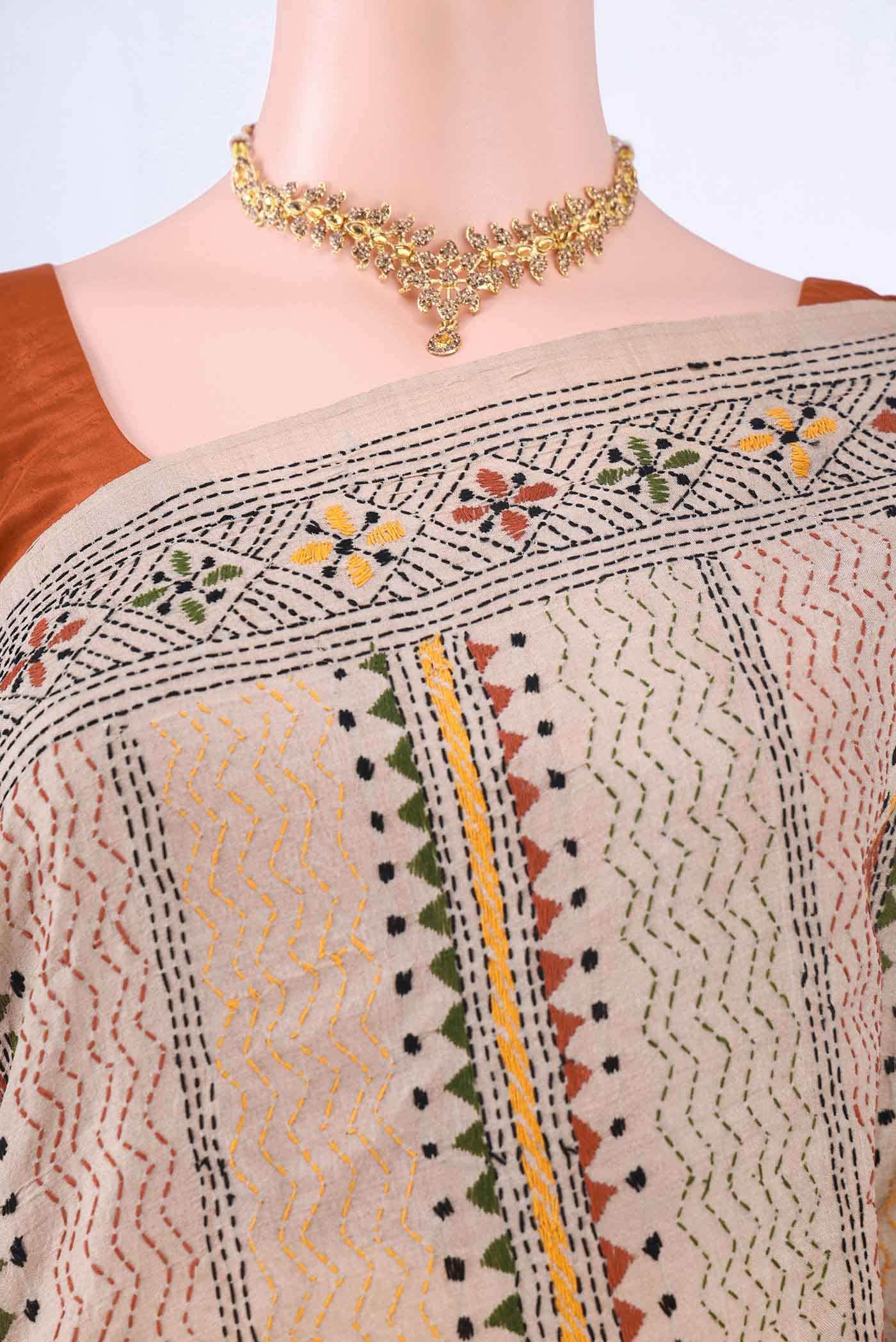 Beige Kantha Silk Saree