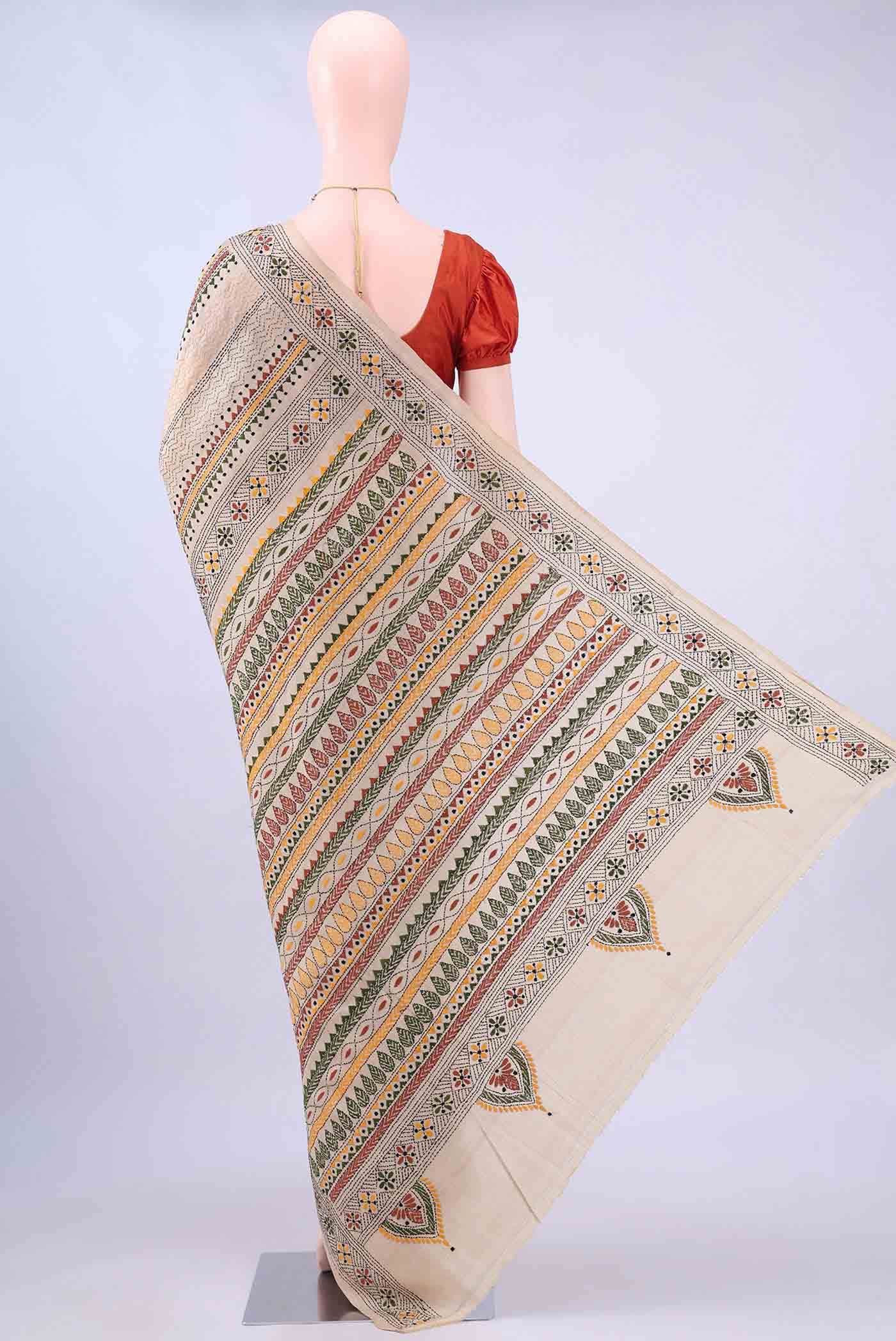 Beige Kantha Silk Saree