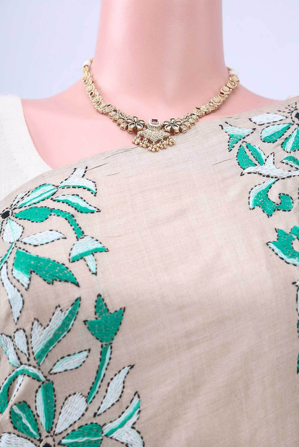 Beige Kantha Silk Saree