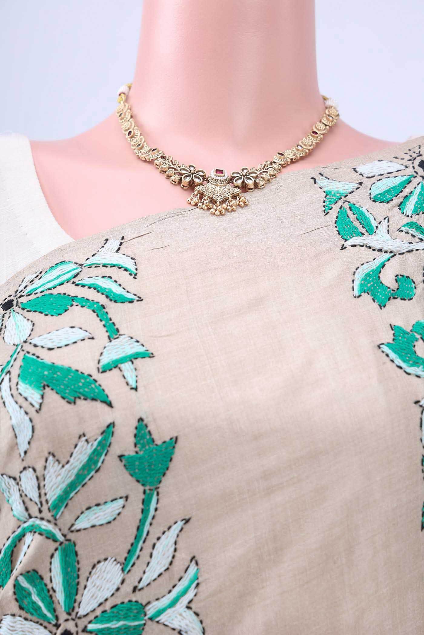 Beige Kantha Silk Saree
