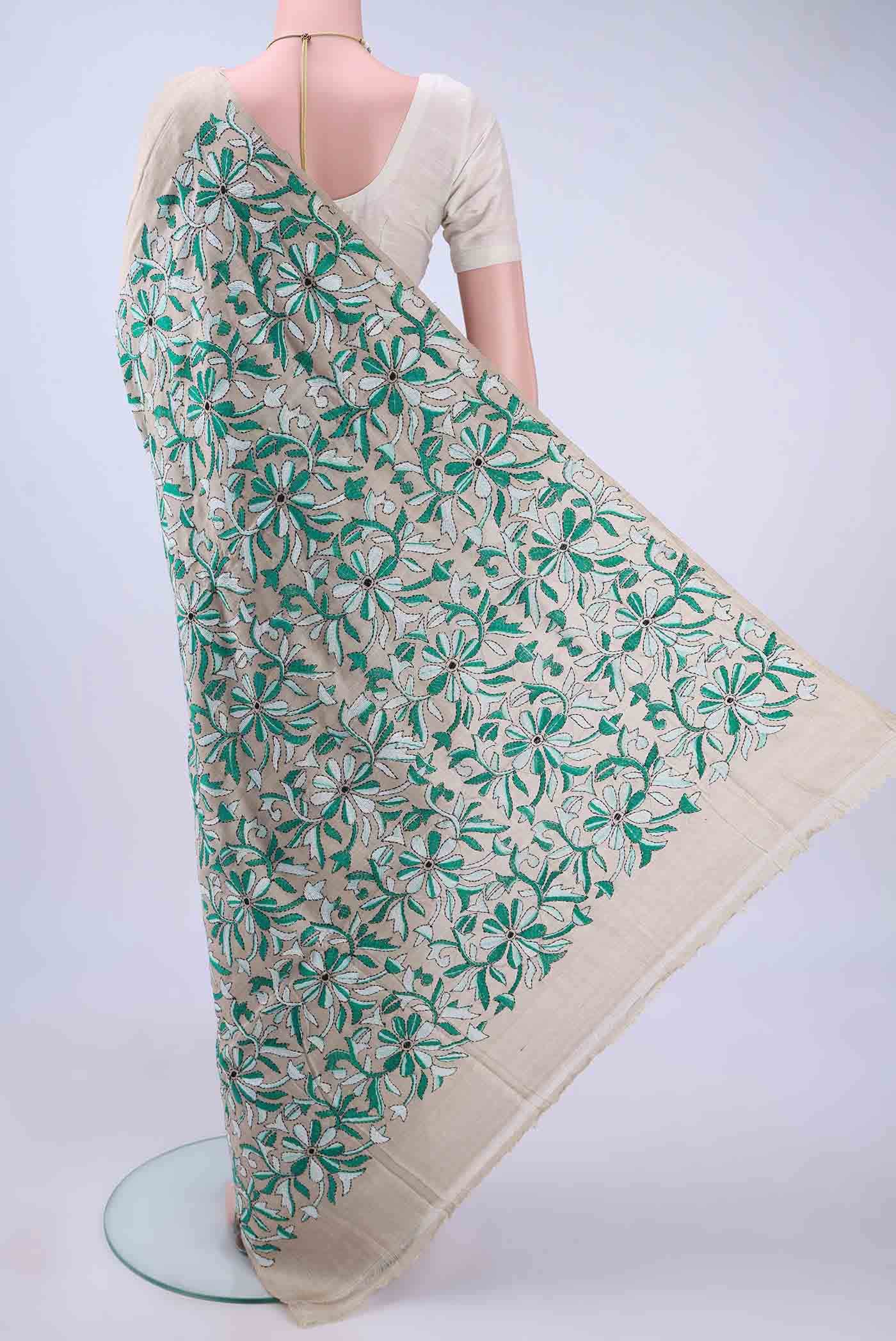 Beige Kantha Silk Saree