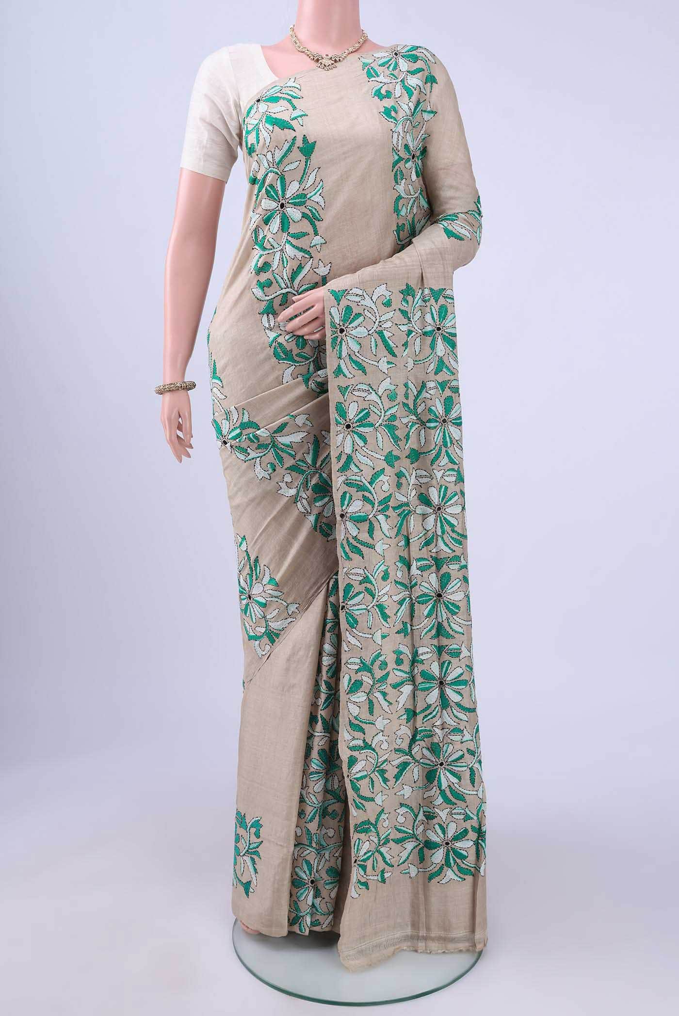 Beige Kantha Silk Saree