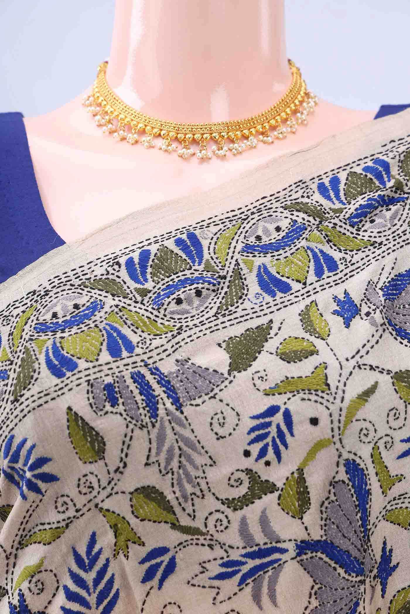 Beige Kantha Silk Saree