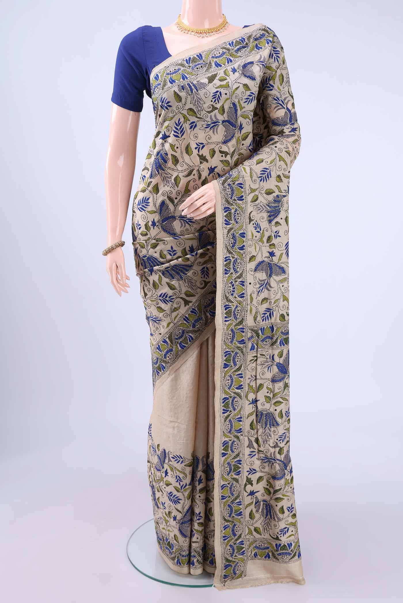 Beige Kantha Silk Saree