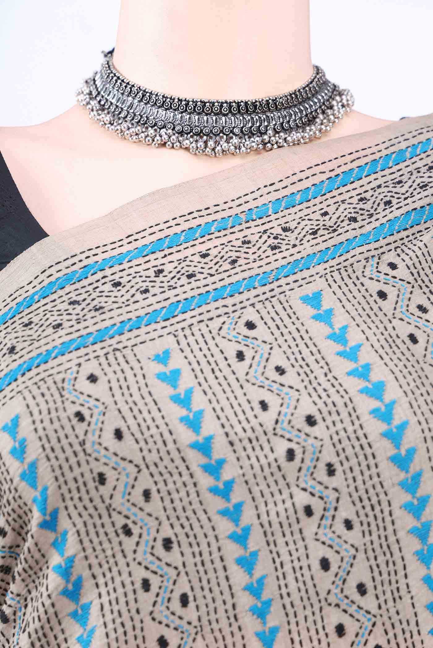 Beige Kantha Silk Saree
