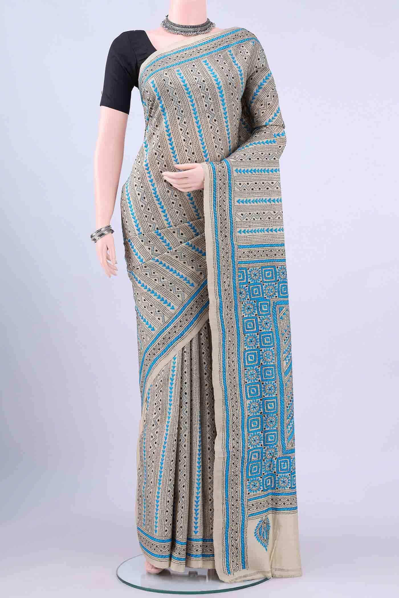Beige Kantha Silk Saree