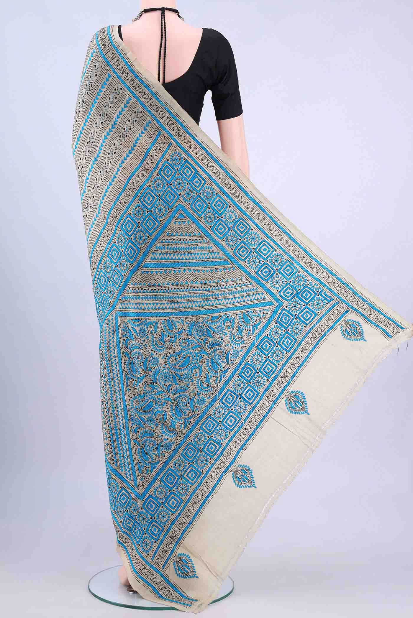 Beige Kantha Silk Saree