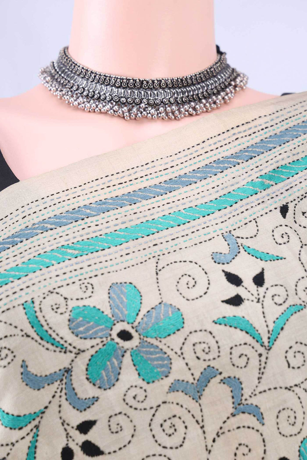 Beige Kantha Silk Saree