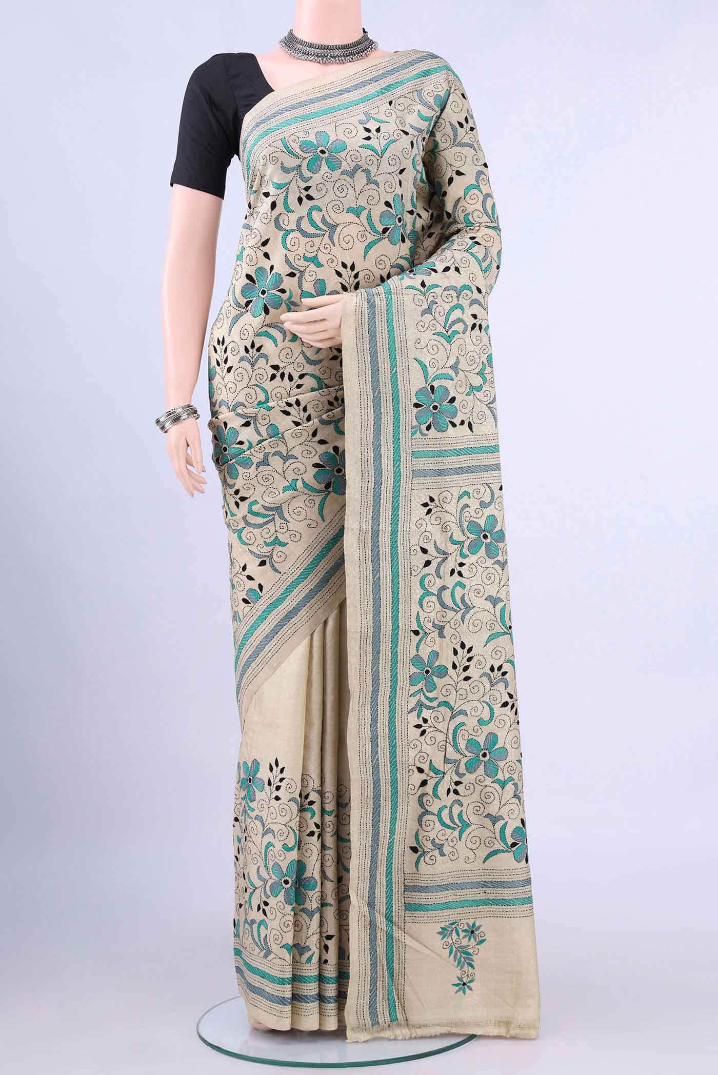 Beige Kantha Silk Saree