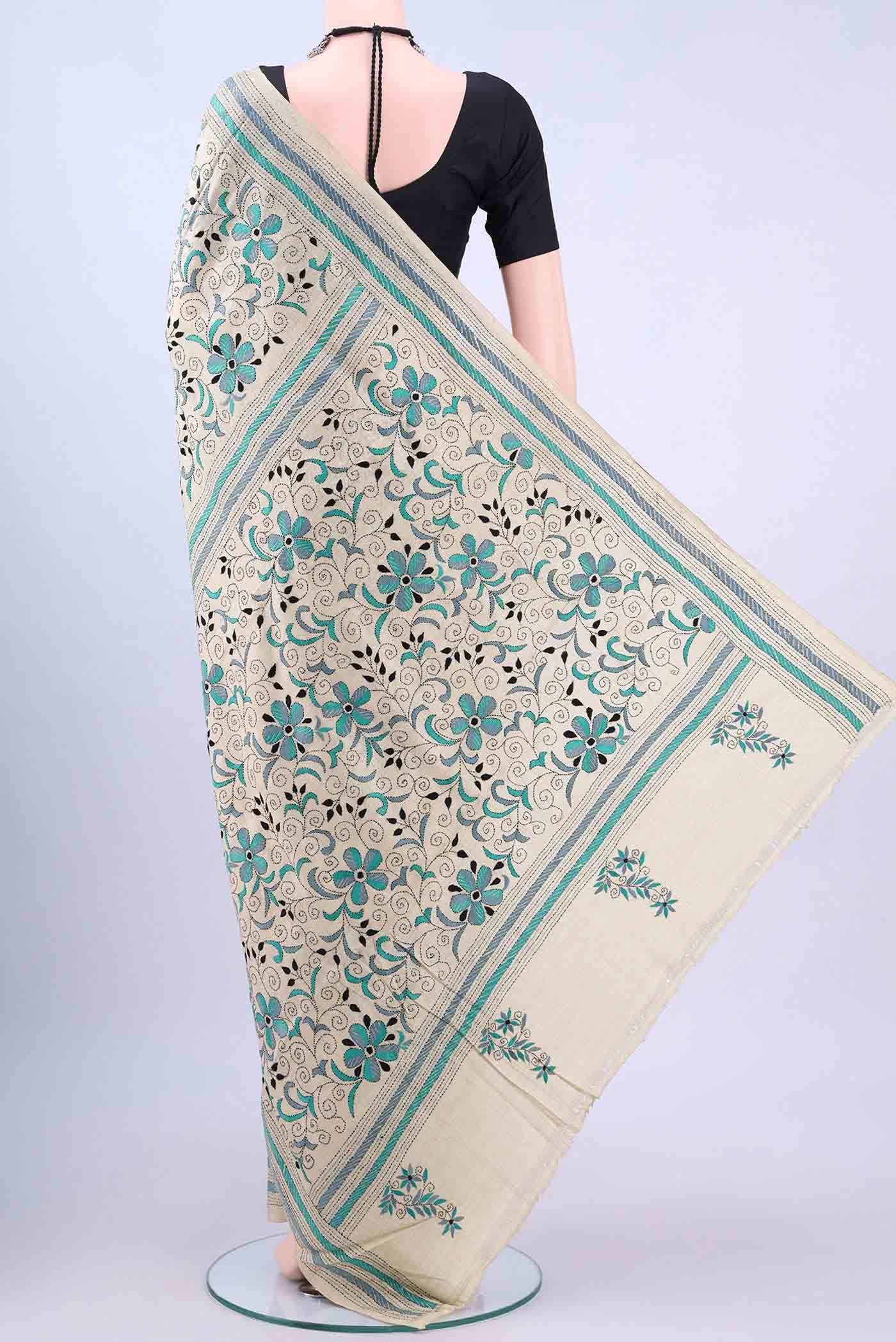 Beige Kantha Silk Saree