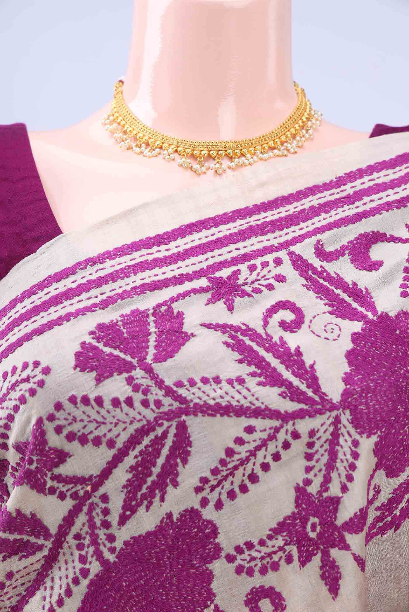 Beige Kantha Silk Saree