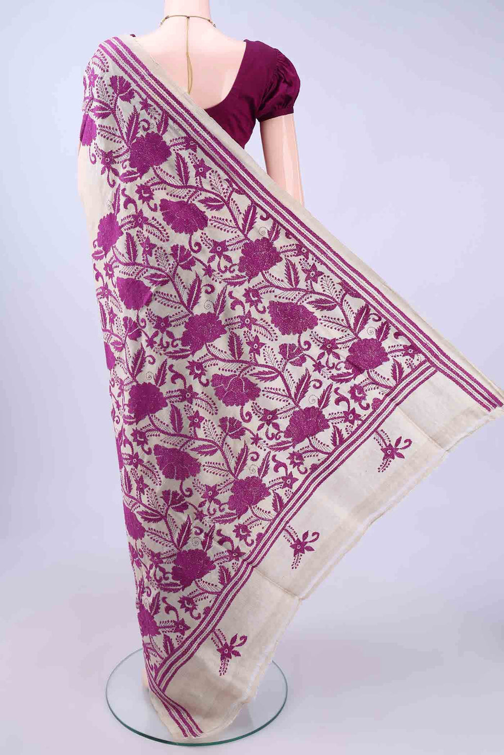 Beige Kantha Silk Saree