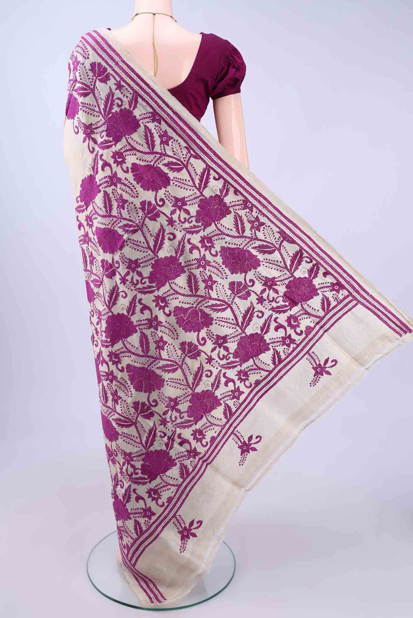 Beige Kantha Silk Saree