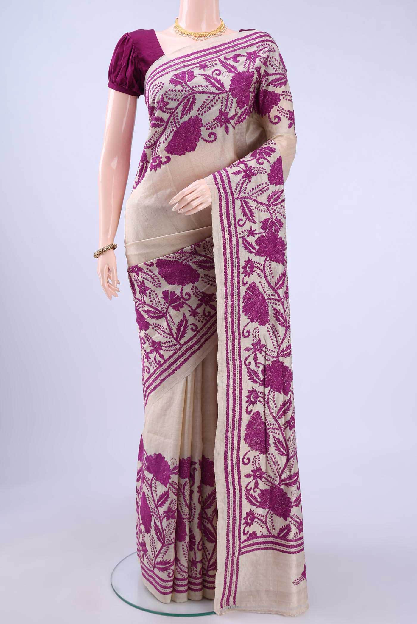 Beige Kantha Silk Saree