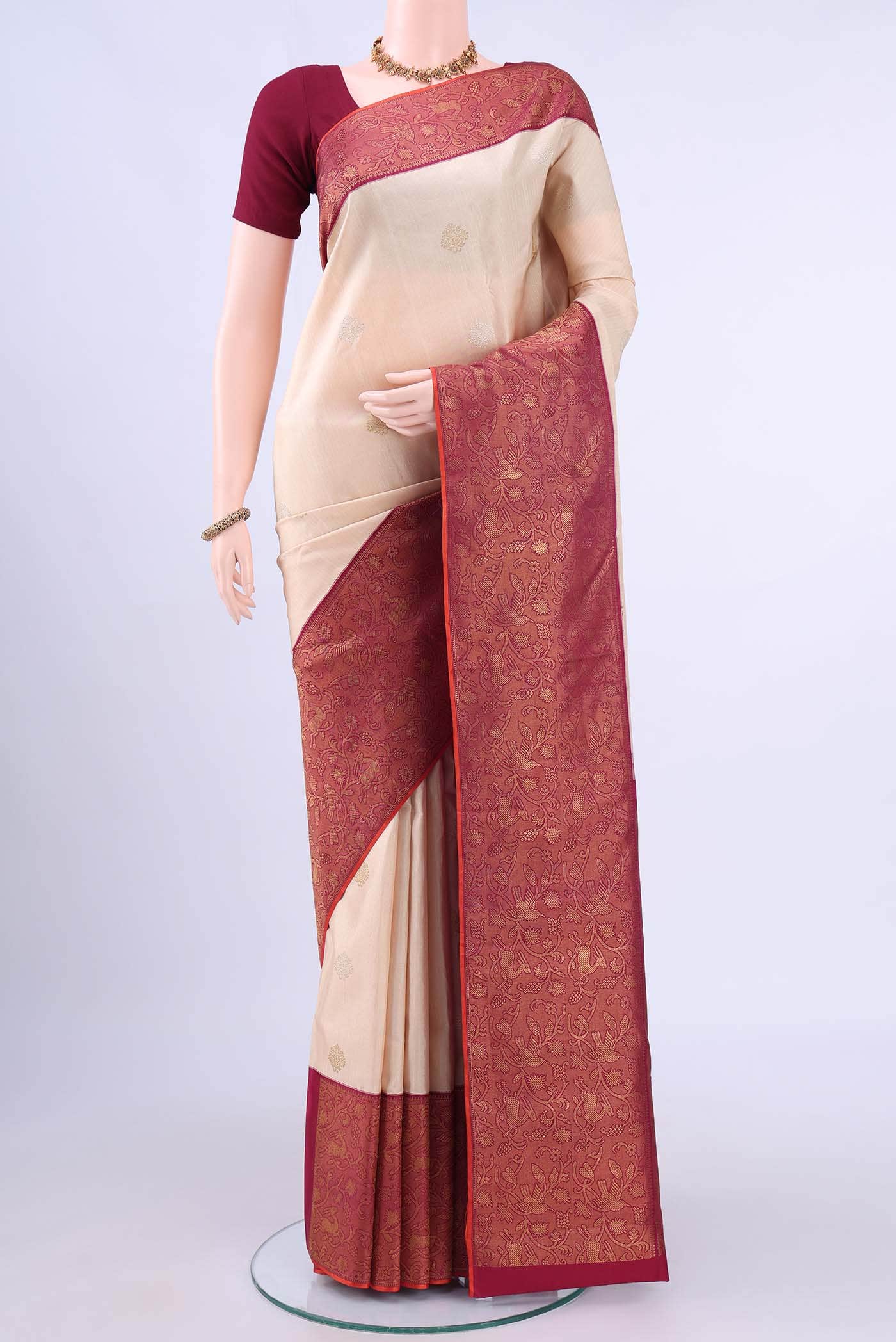 Pure Silk Pure Zari Beige Kanchipuram Saree