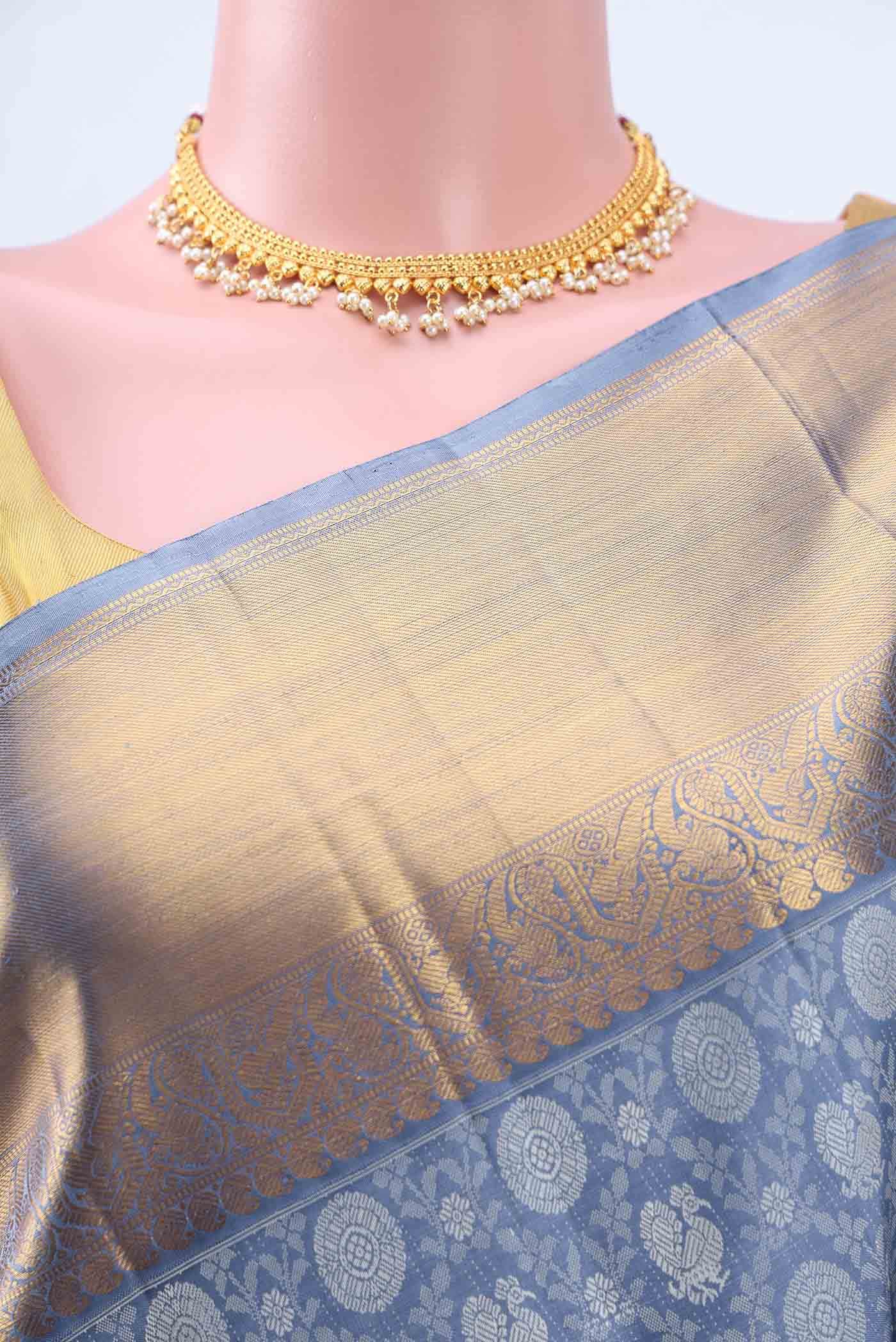 Blue Grey Kanchipuram Silk Saree