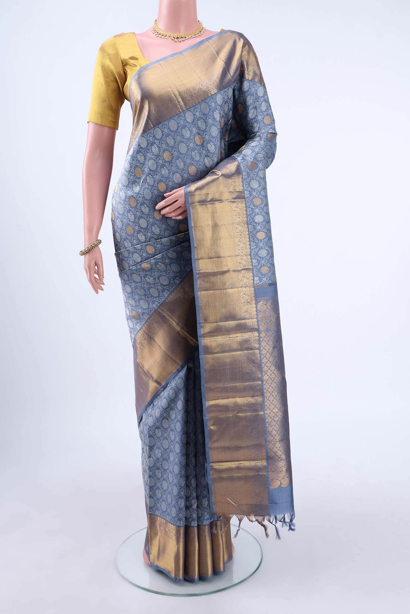 Blue Grey Kanchipuram Silk Saree