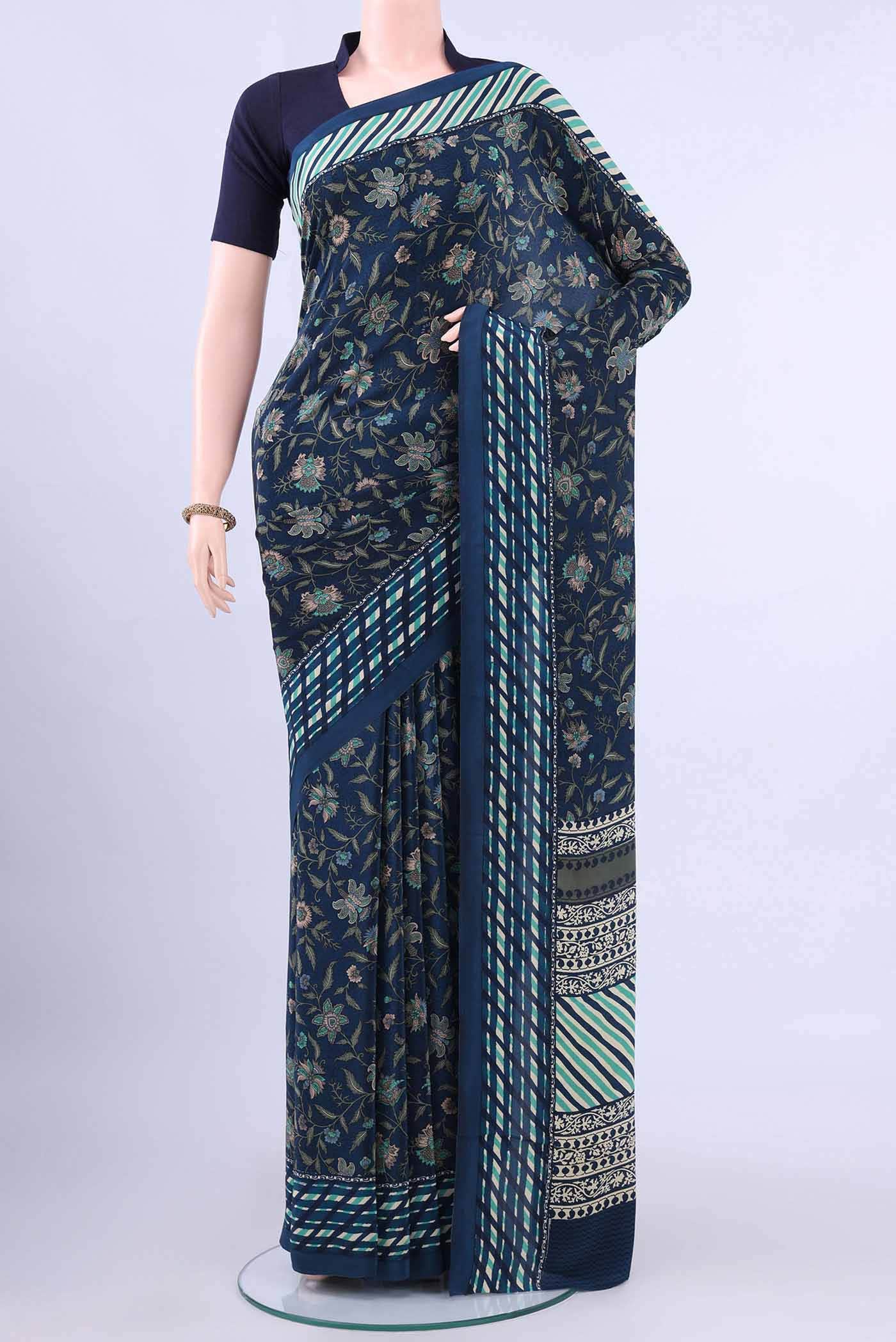 Blue Mysore Crepe Saree