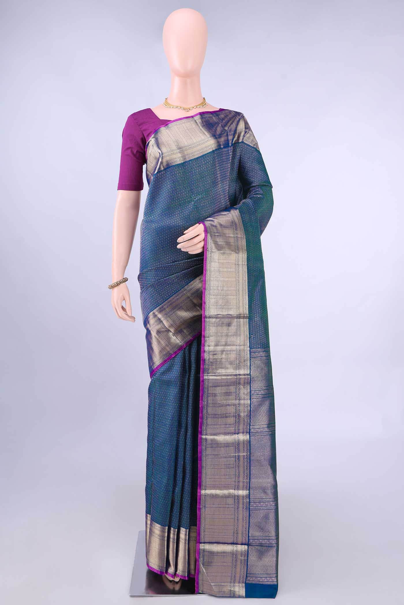 Pure Silk Pure Zari Peacock Blue Kanchipuram Saree