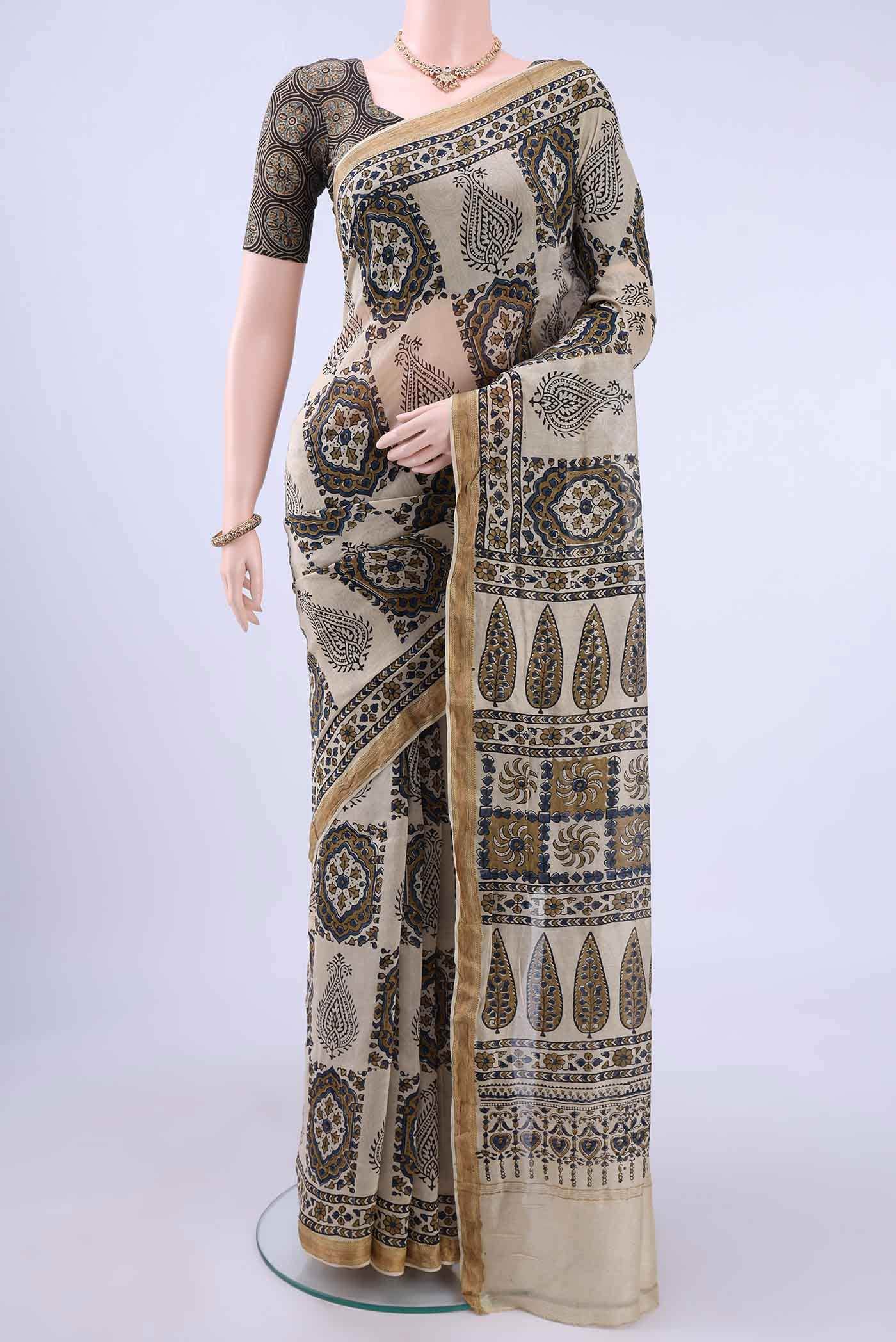Beige Maheshwari Silk Cotton Saree