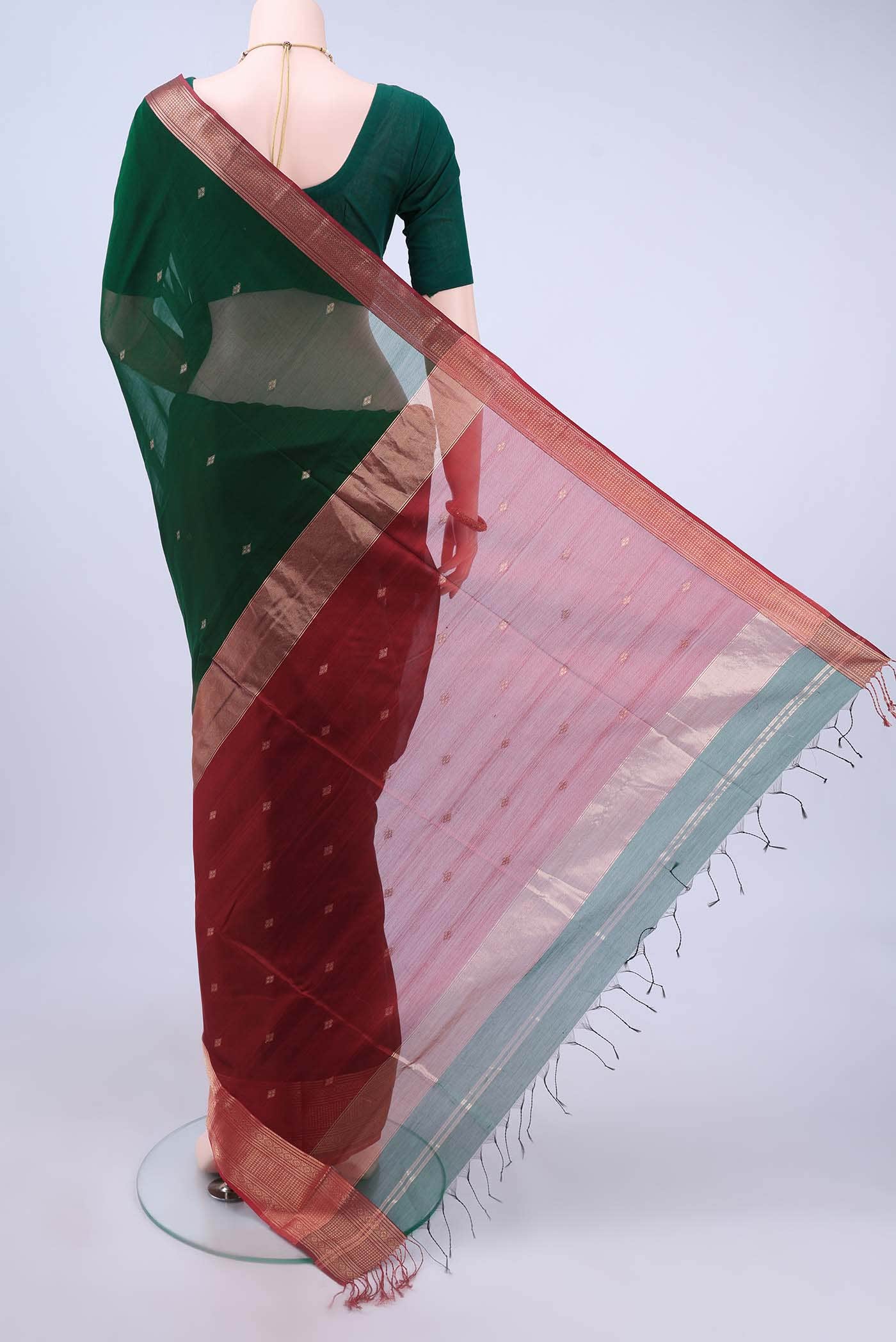 Bottle Green Maheshwari Silk Cotton Saree