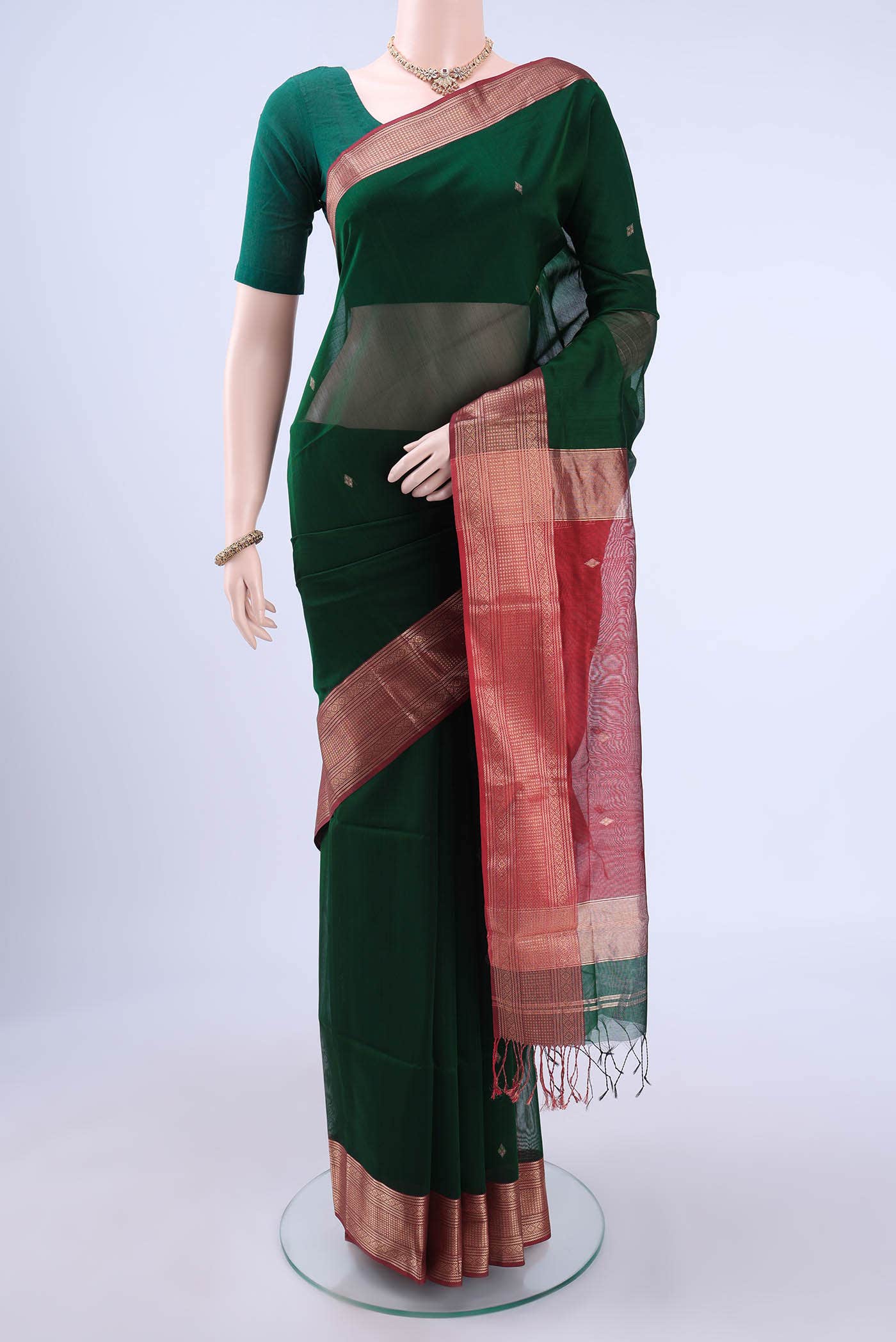 Bottle Green Maheshwari Silk Cotton Saree