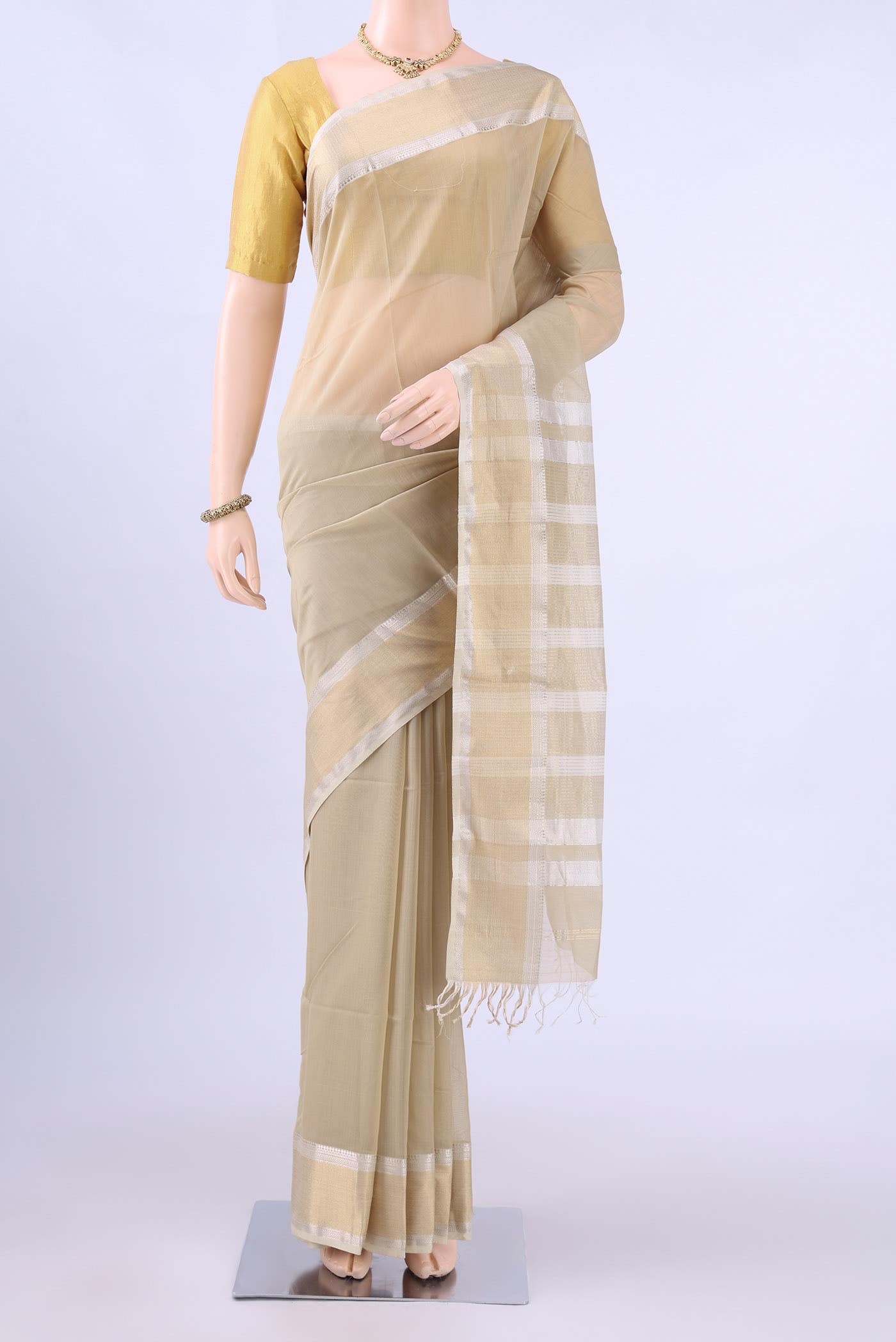 Beige Maheshwari Silk Cotton Saree