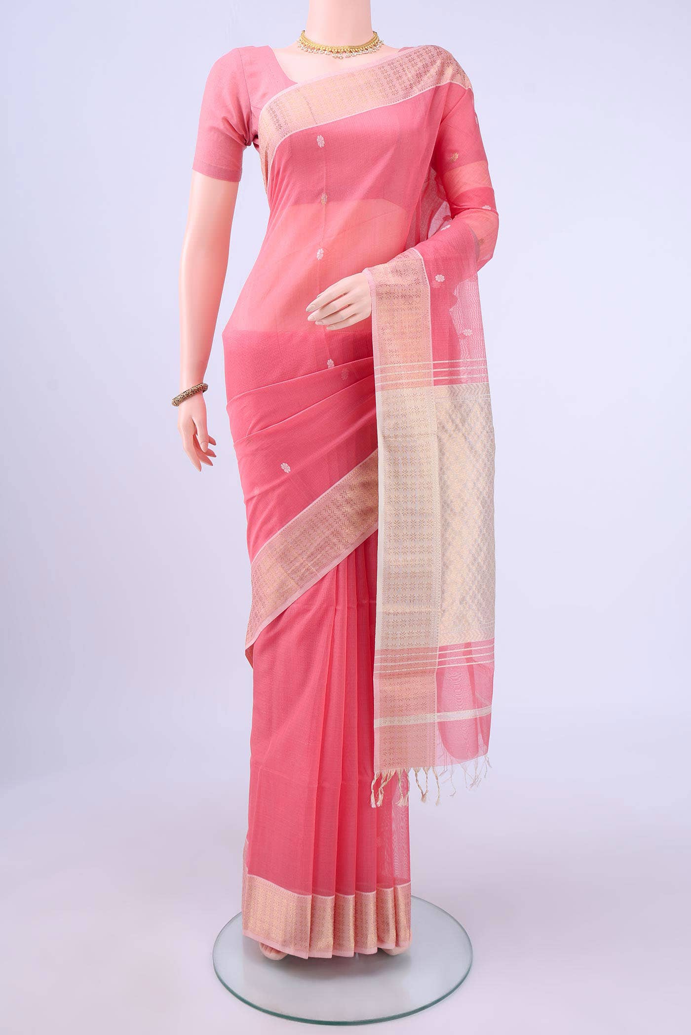 Peach Maheshwari Silk Cotton Saree